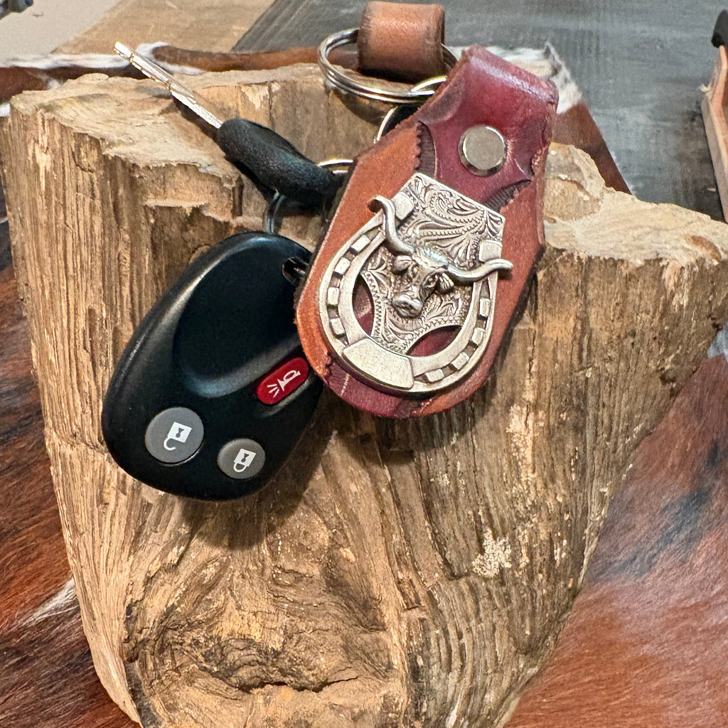 Longhorn Keychain: Handmade Texas Longhorn Horseshow Leather Key Fob