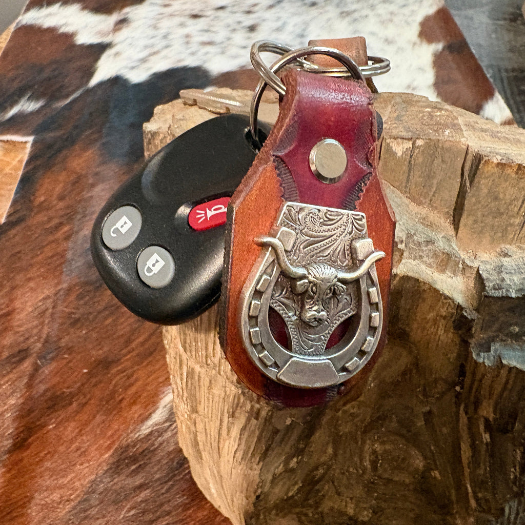 Longhorn Keychain: Handmade Texas Longhorn Horseshow Leather Key Fob