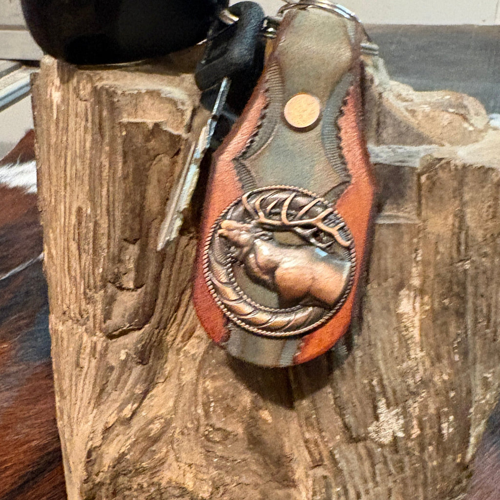 Elk Keychain: Handmade Tooled Leather, Copper Concho, Western Style, Stagg