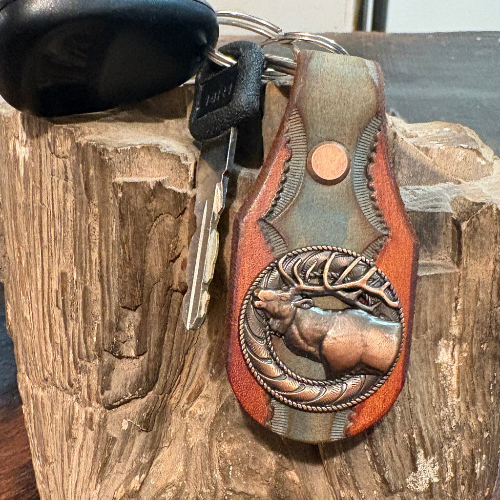 Elk Keychain: Handmade Tooled Leather, Copper Concho, Western Style, Stagg