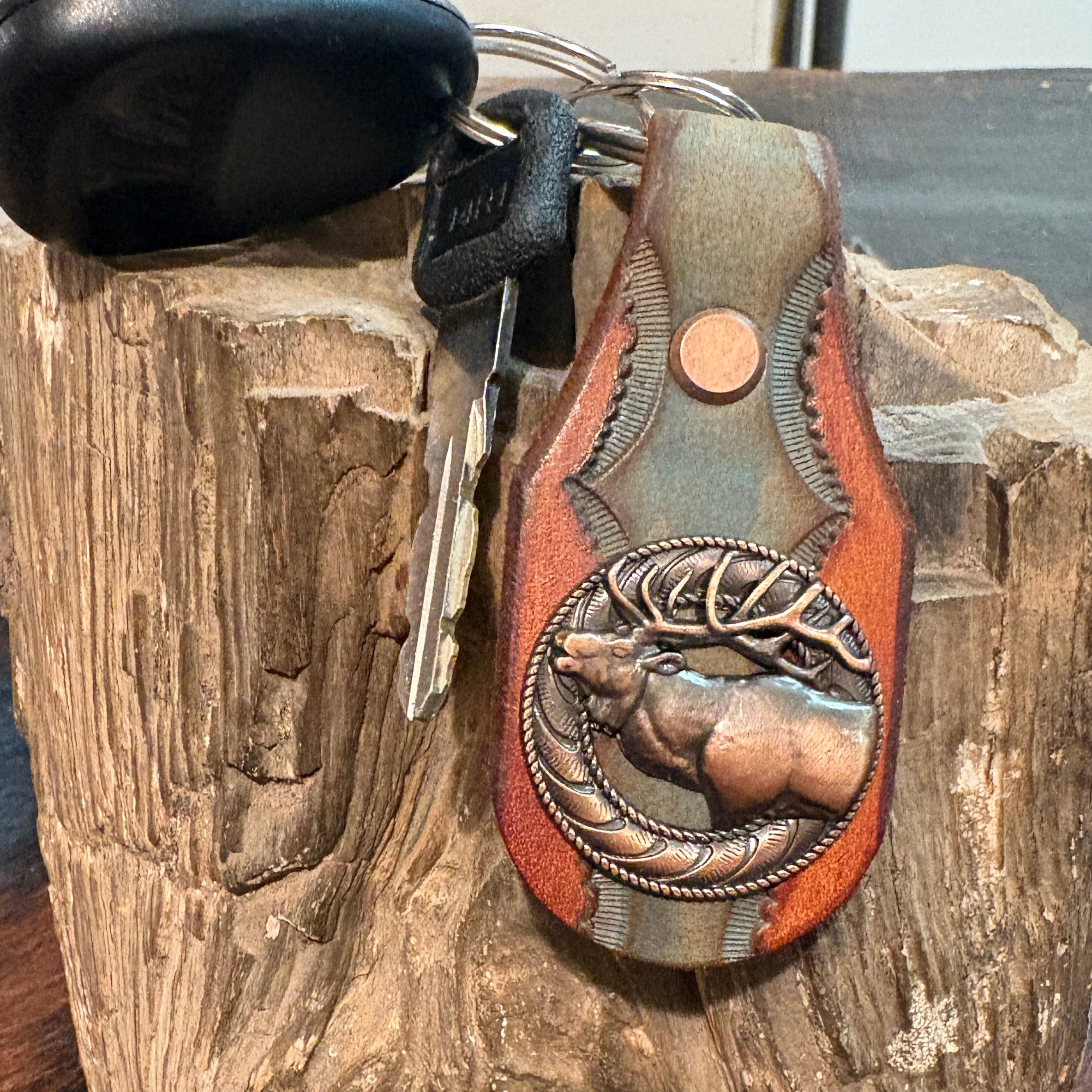 Elk Keychain: Handmade Tooled Leather, Copper Concho, Western Style, Stagg