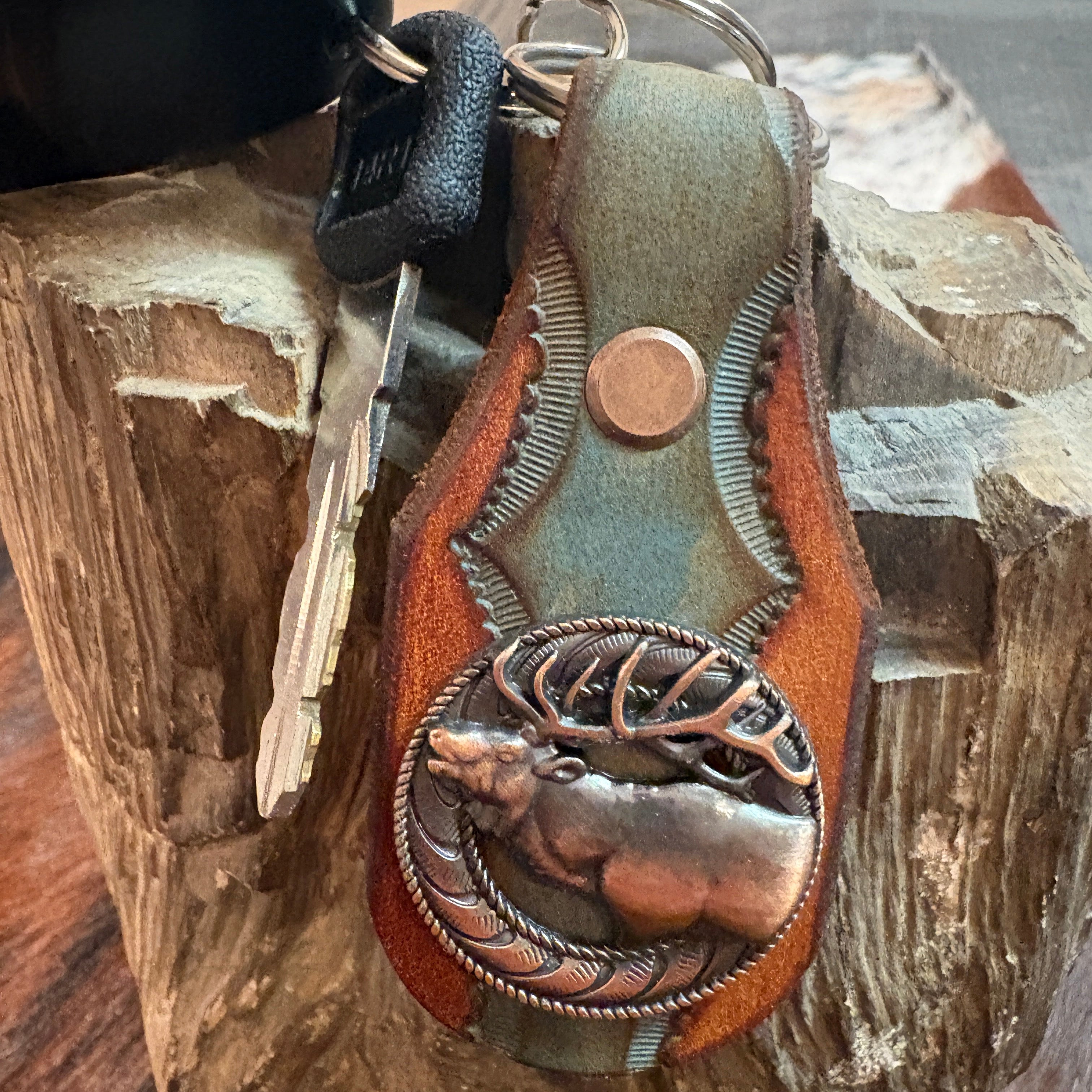 Elk Keychain: Handmade Tooled Leather, Copper Concho, Western Style, Stagg