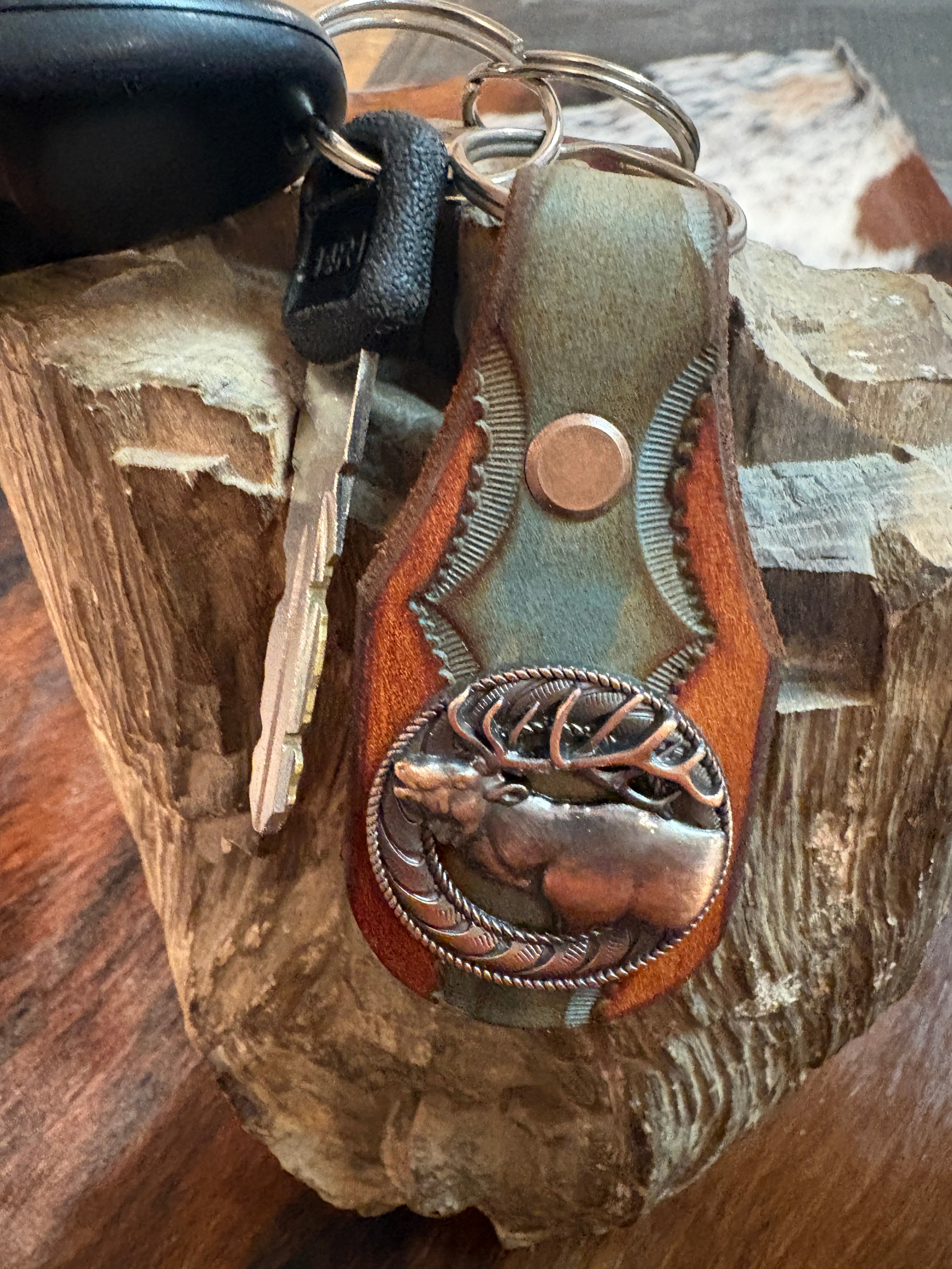 Elk Keychain: Handmade Tooled Leather, Copper Concho, Western Style, Stagg