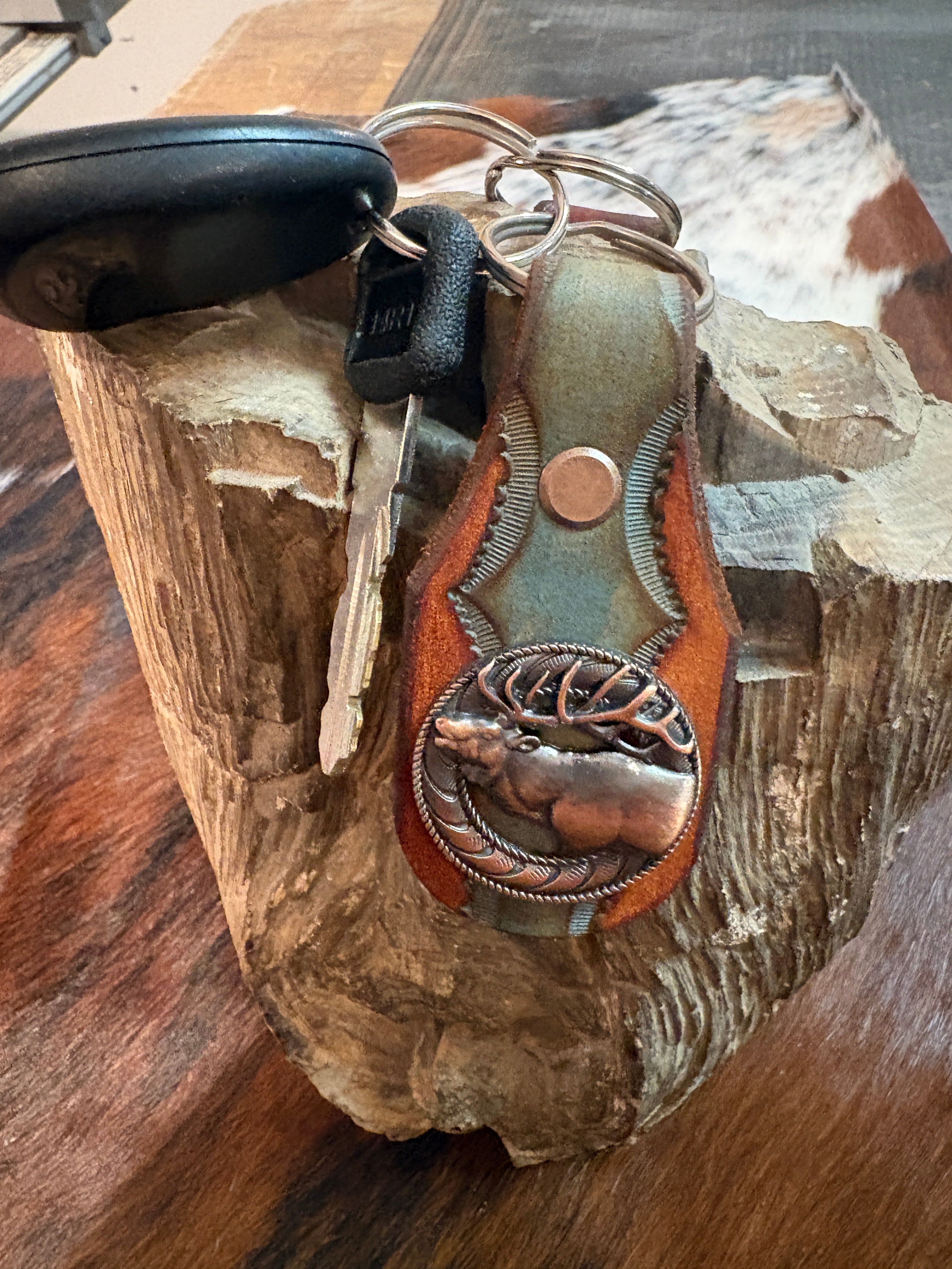 Elk Keychain: Handmade Tooled Leather, Copper Concho, Western Style, Stagg