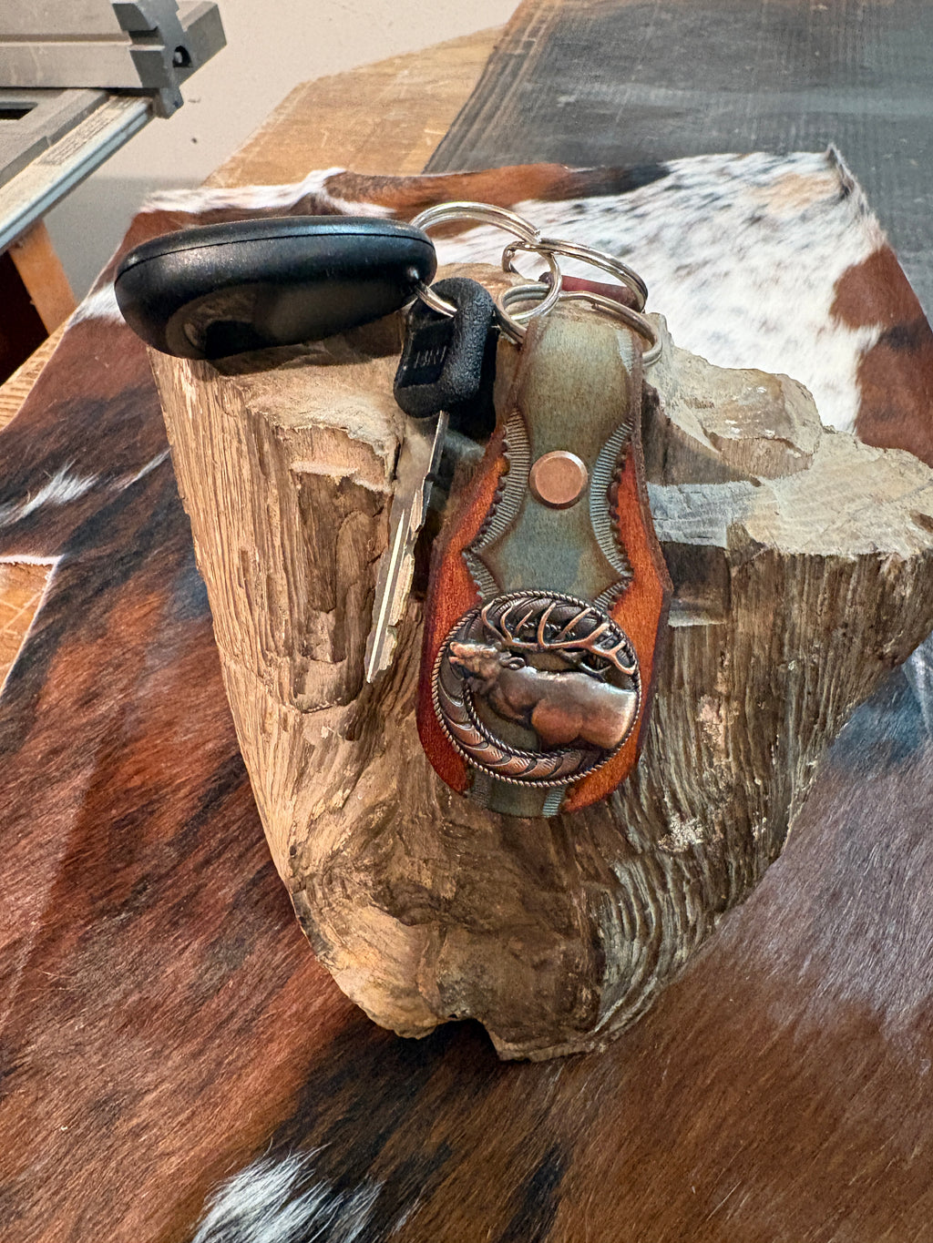 Elk Keychain: Handmade Tooled Leather, Copper Concho, Western Style, Stagg