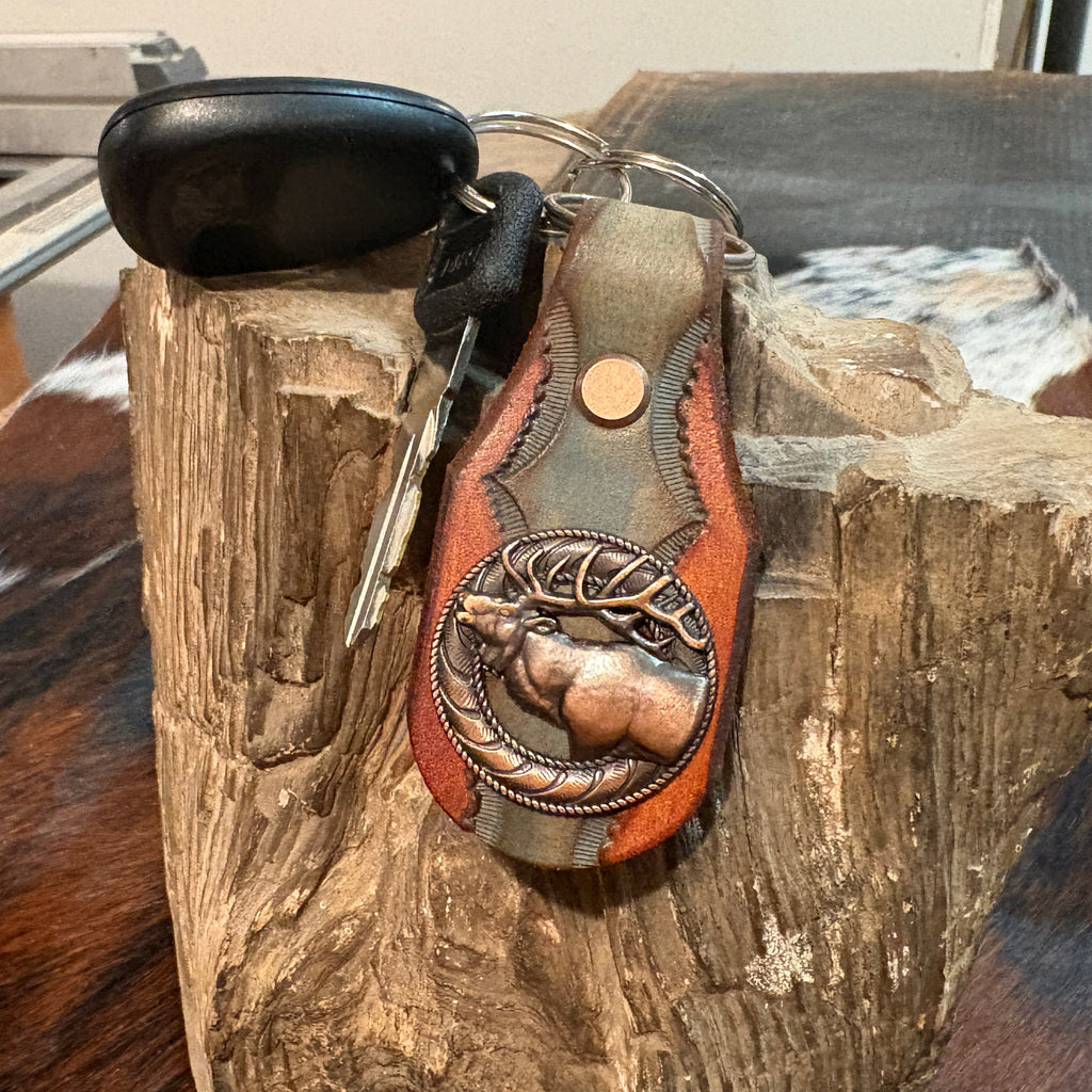Elk Keychain: Handmade Tooled Leather, Copper Concho, Western Style, Stagg