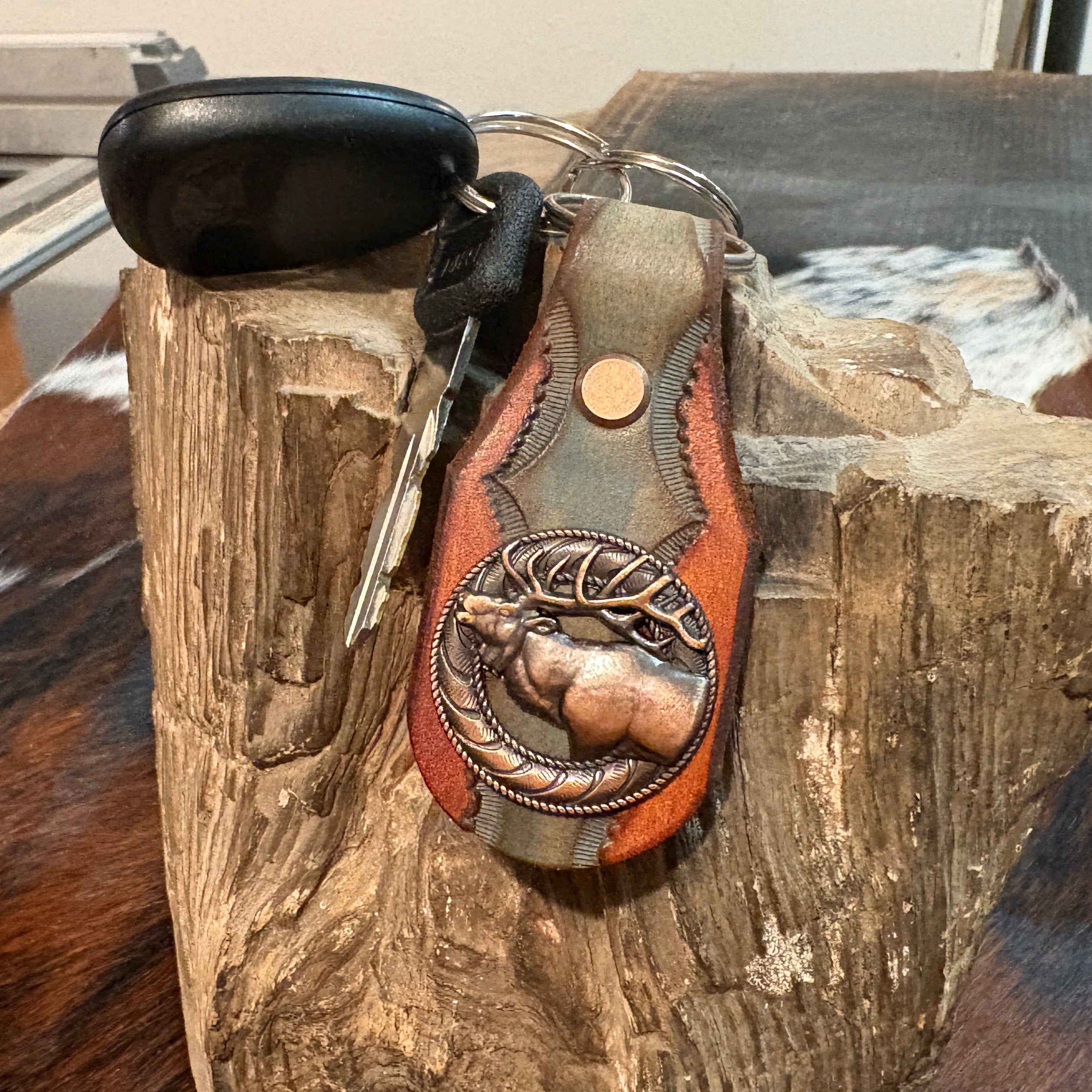 Elk Keychain: Handmade Tooled Leather, Copper Concho, Western Style, Stagg