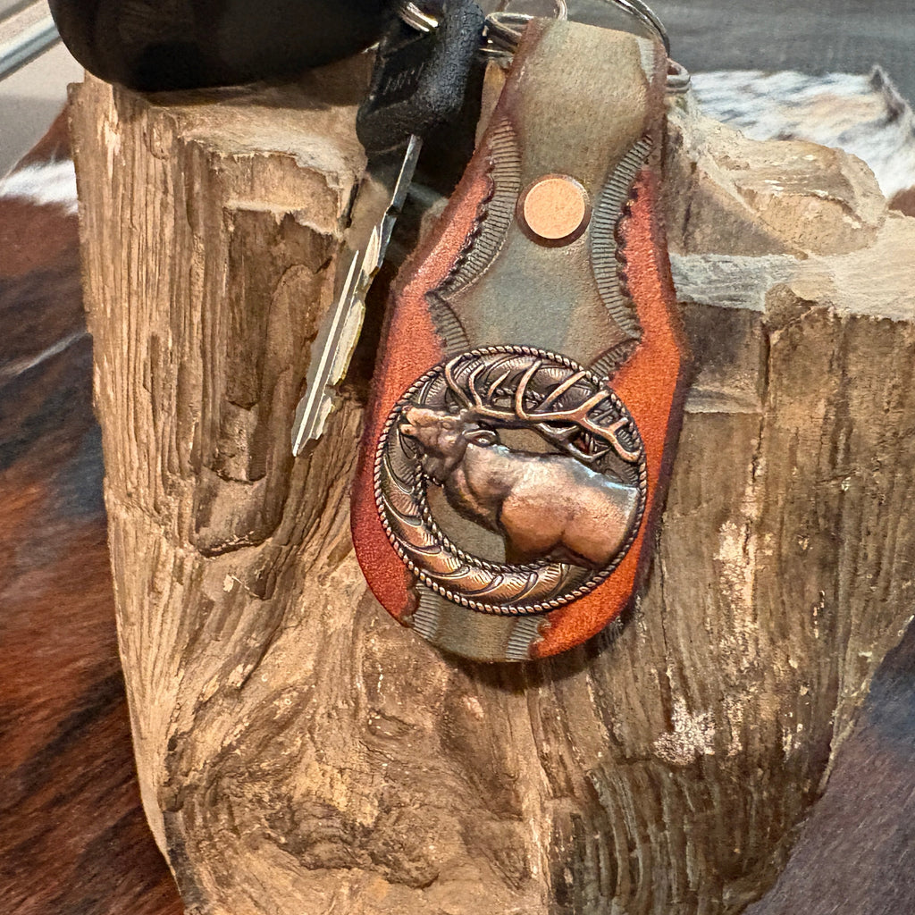 Elk Keychain: Handmade Tooled Leather, Copper Concho, Western Style, Stagg