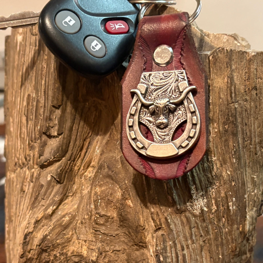 Longhorn Keychain: Handmade Texas Longhorn Horseshow Leather Key Fob