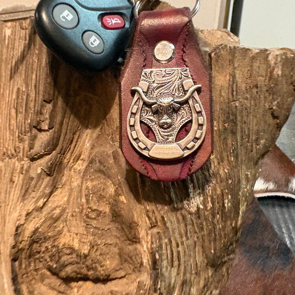 Longhorn Keychain: Handmade Texas Longhorn Horseshow Leather Key Fob