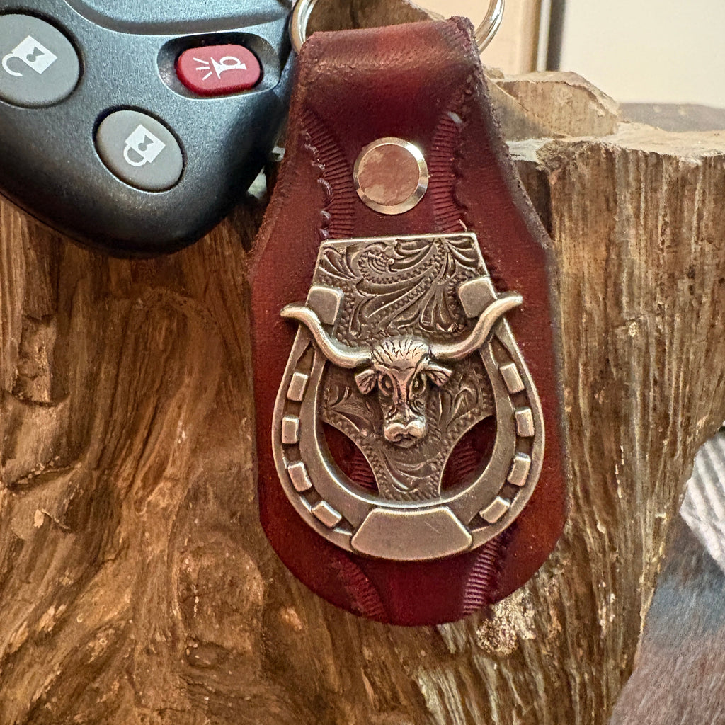 Longhorn Keychain: Handmade Texas Longhorn Horseshow Leather Key Fob
