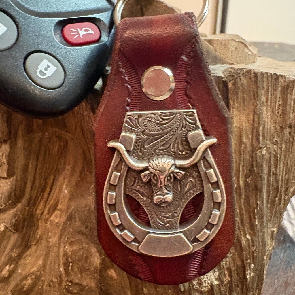 Longhorn Keychain: Handmade Texas Longhorn Horseshow Leather Key Fob