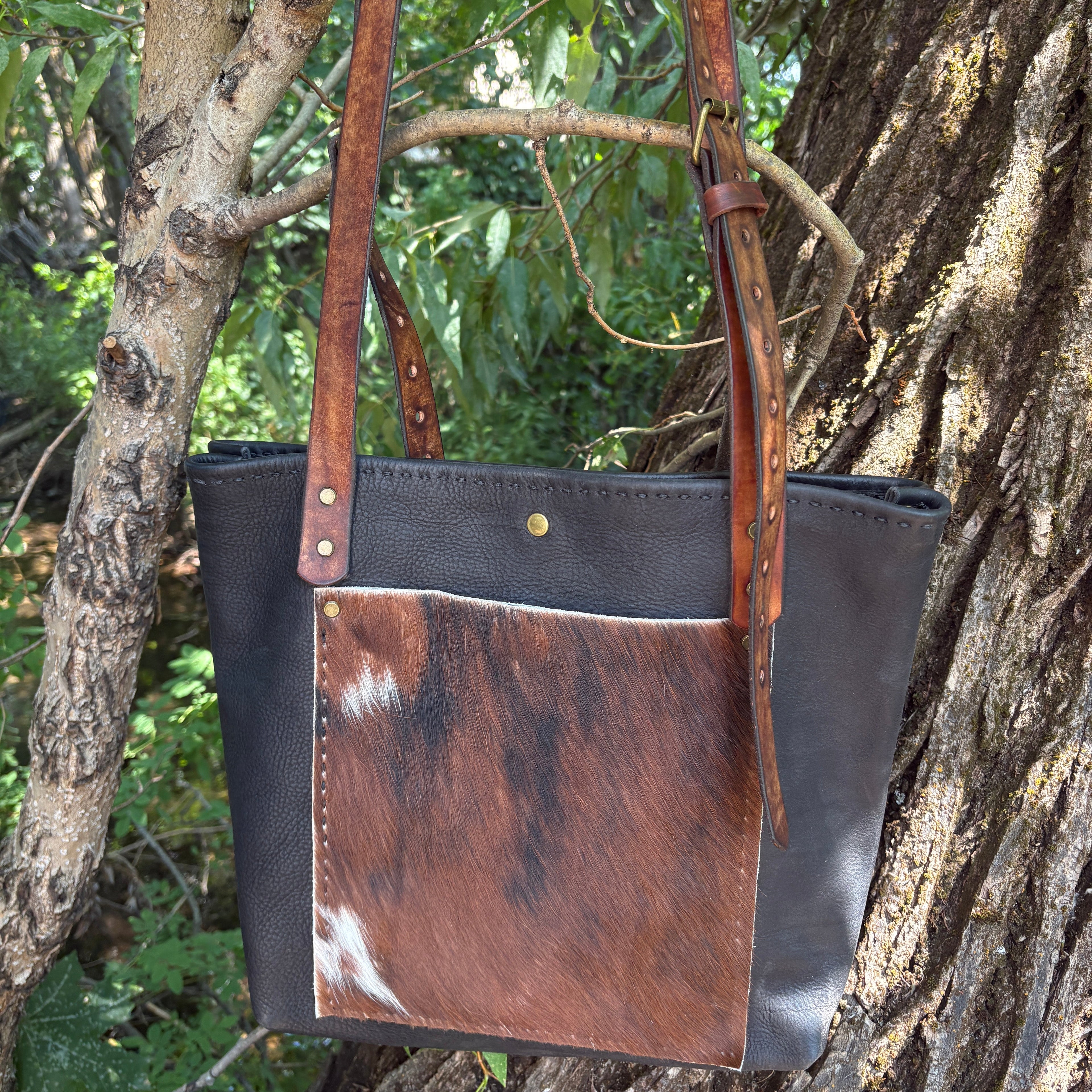 Handmade Black Leather Boho & Western Tote Bag