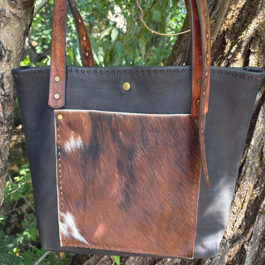 Handmade Black Leather Boho & Western Tote Bag