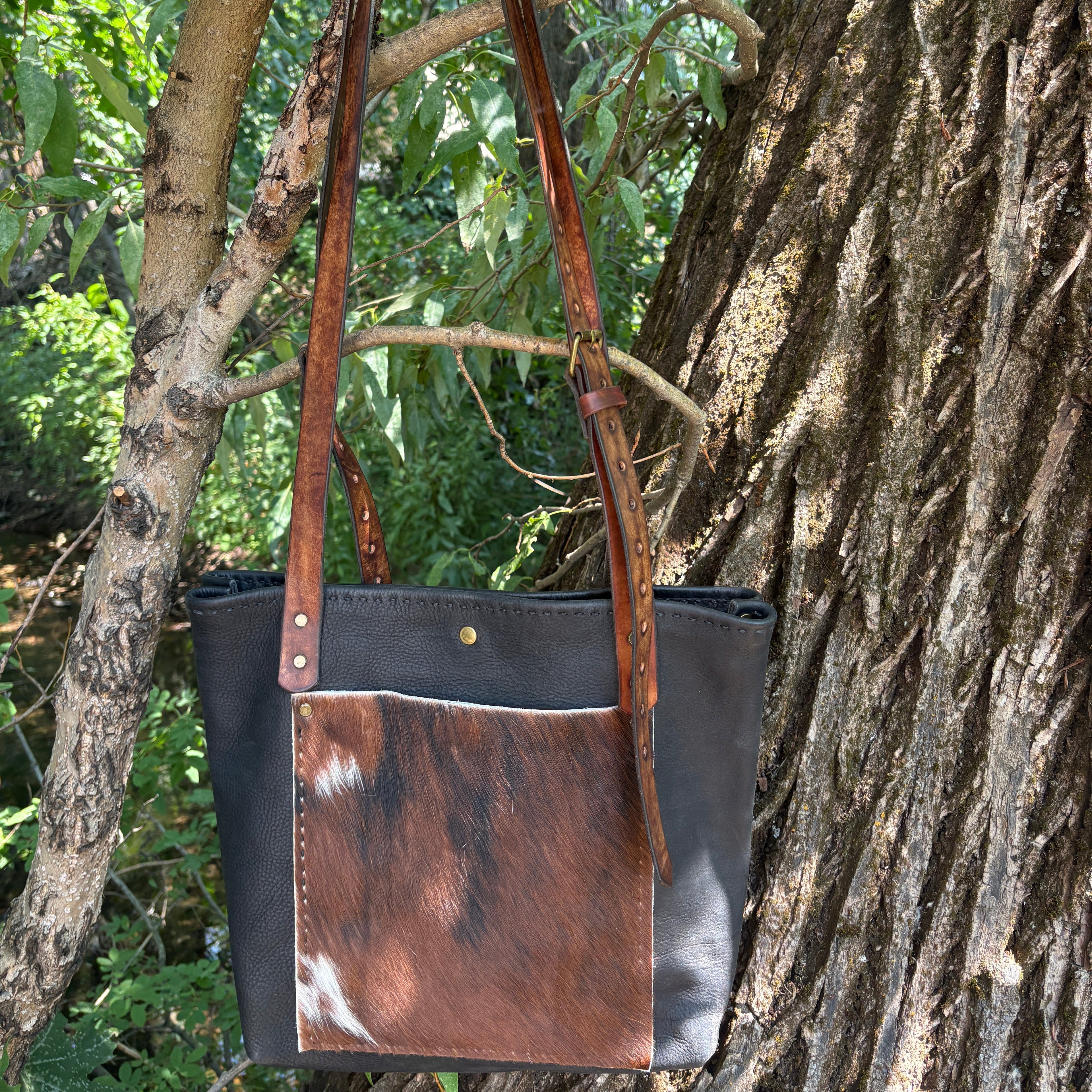 Handmade Black Leather Boho & Western Tote Bag