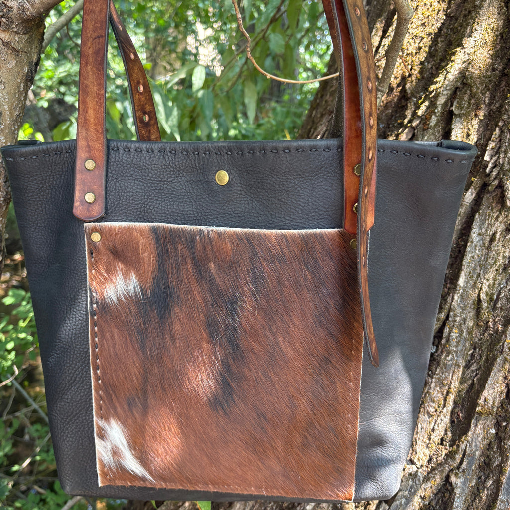 Handmade Black Leather Boho & Western Tote Bag