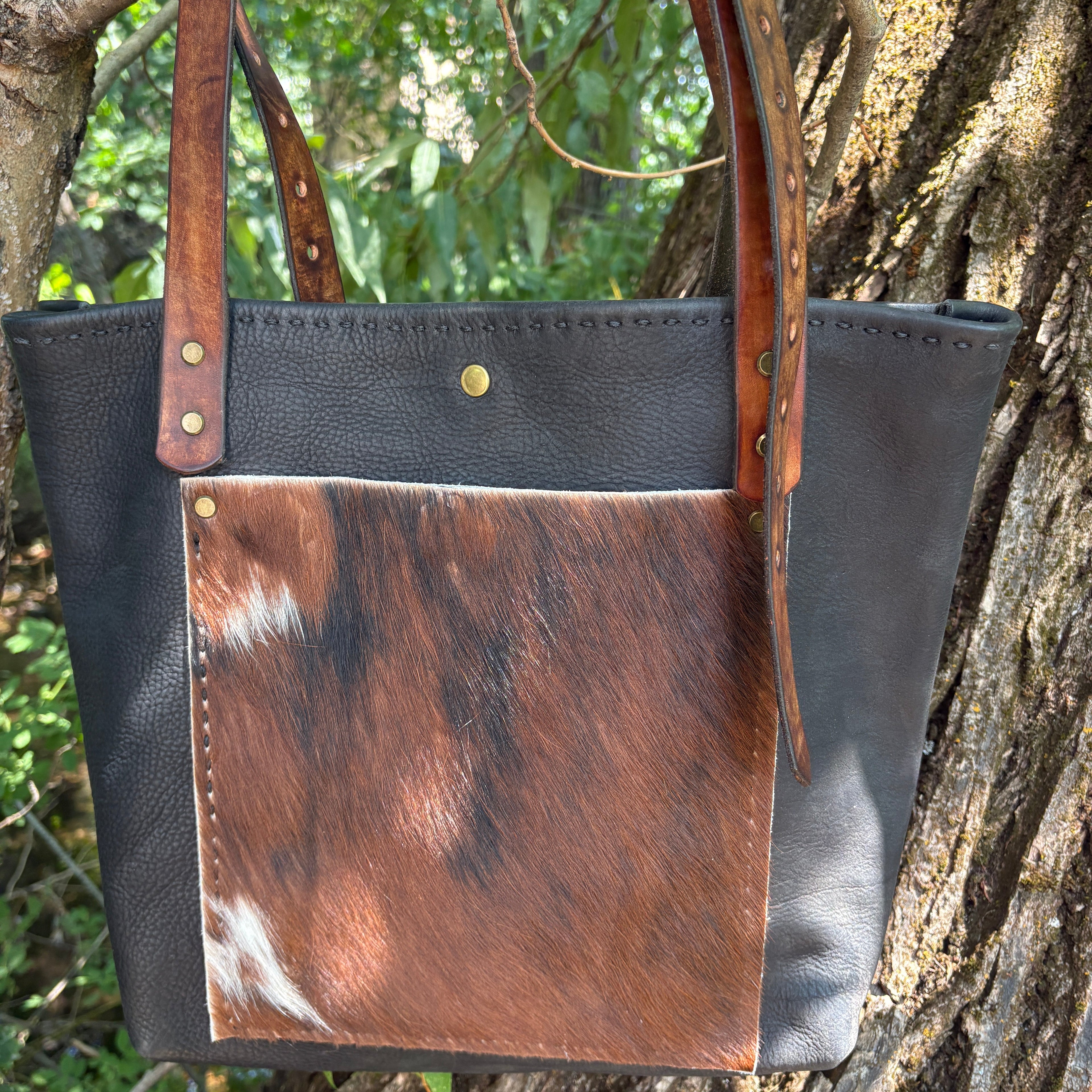 Handmade Black Leather Boho & Western Tote Bag