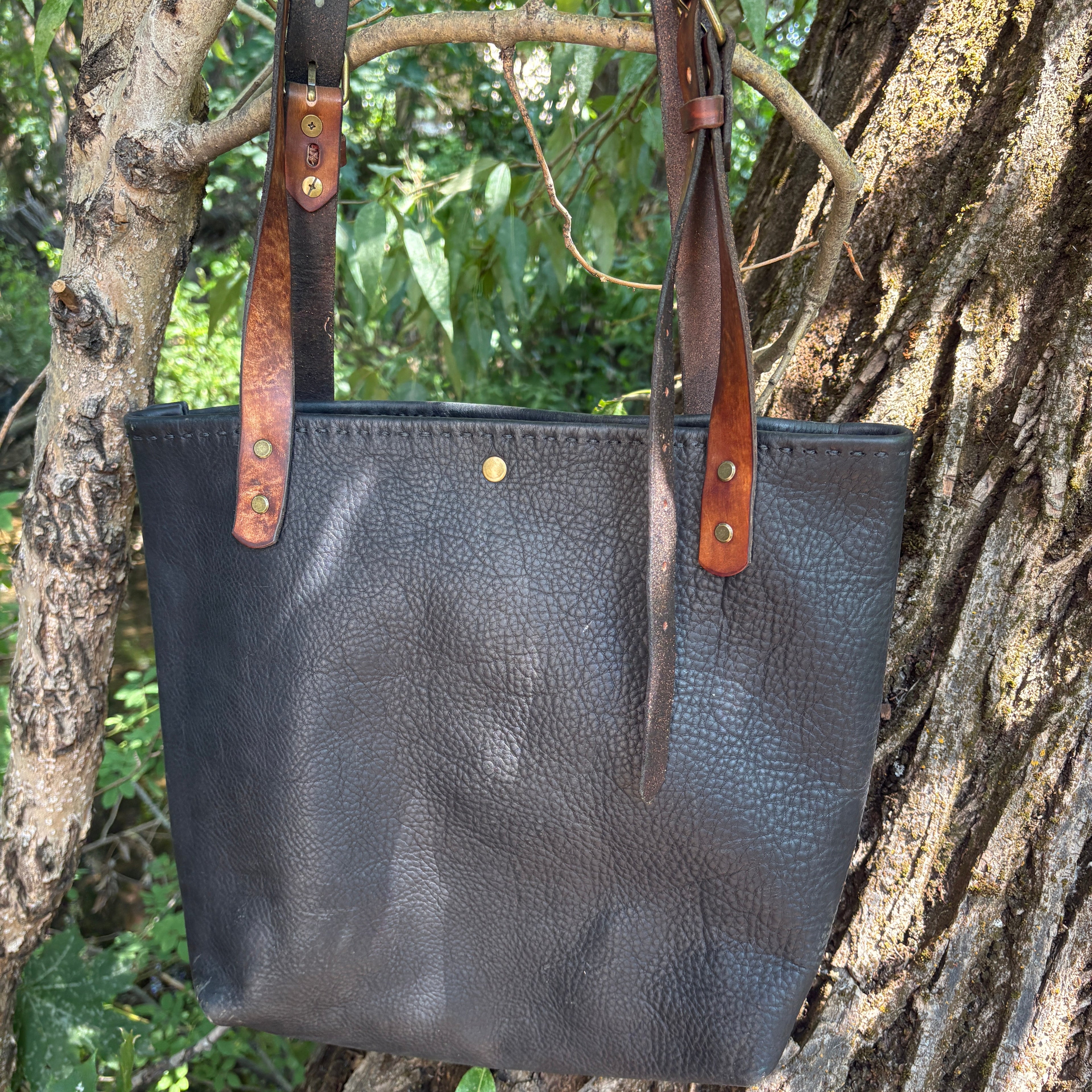 Handmade Black Leather Boho & Western Tote Bag
