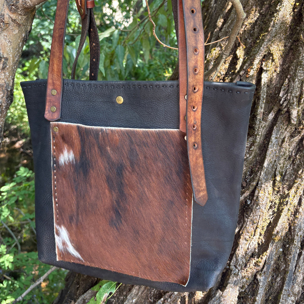 Handmade Black Leather Boho & Western Tote Bag