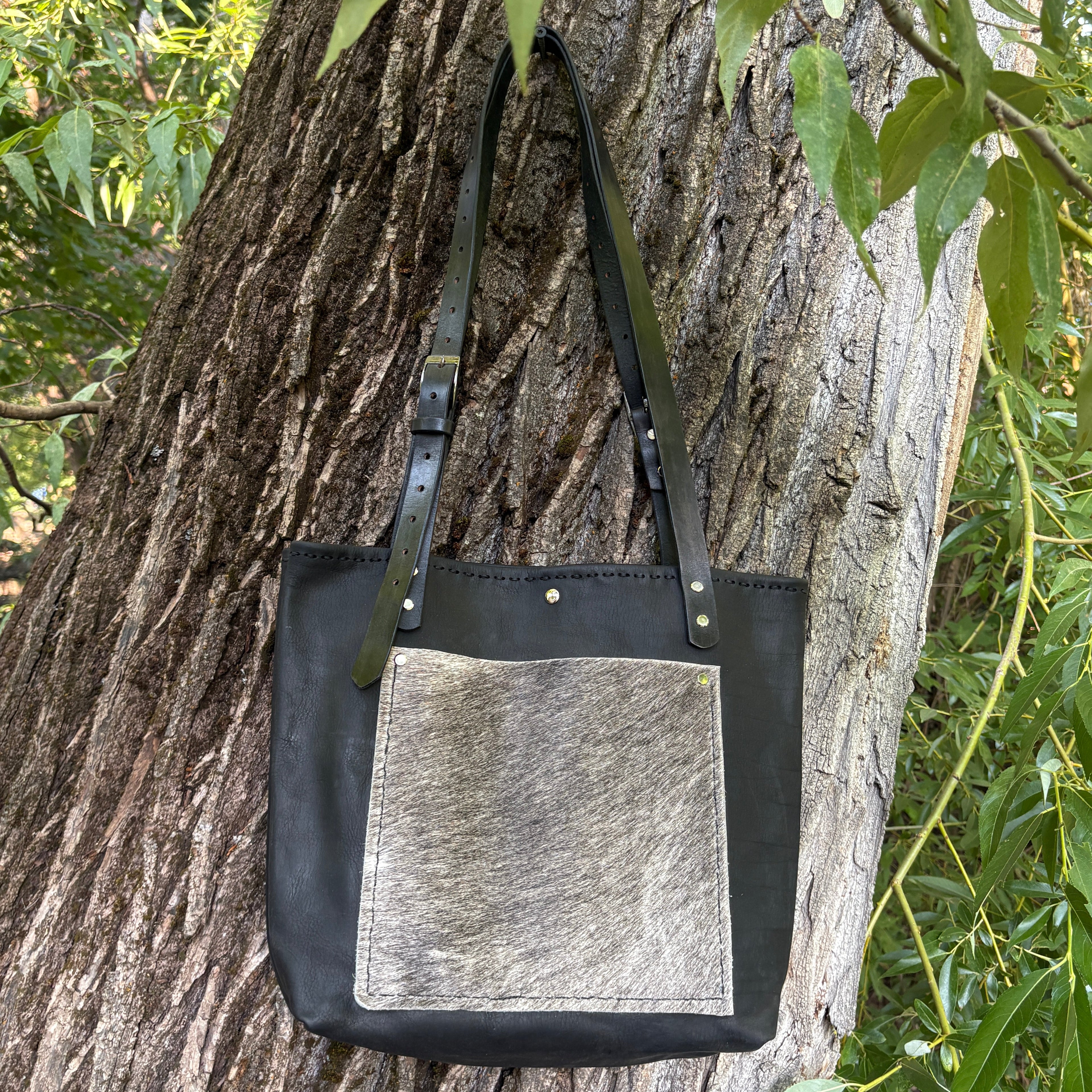 Handmade Black Leather Boho & Western Tote Bag