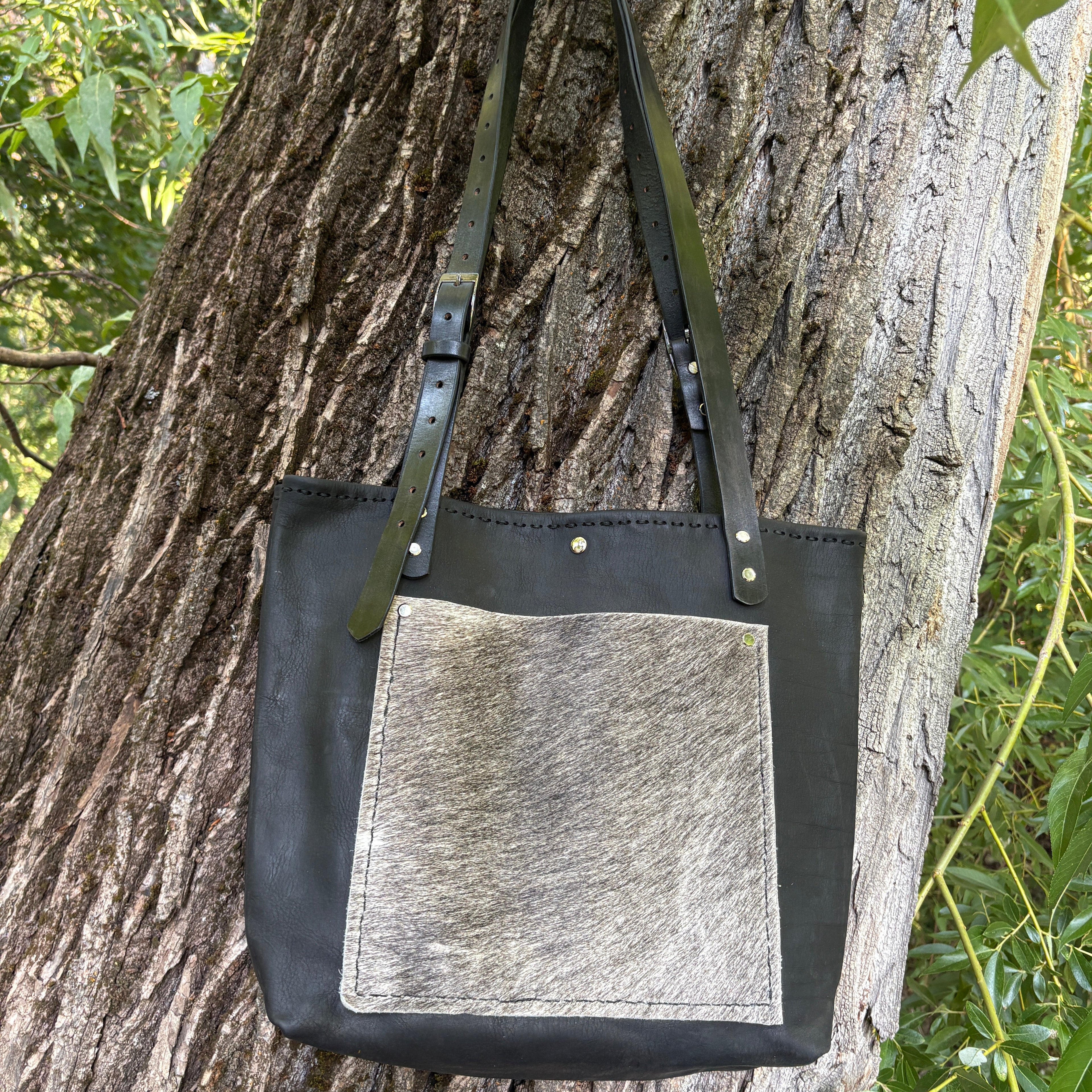 Handmade Black Leather Boho & Western Tote Bag