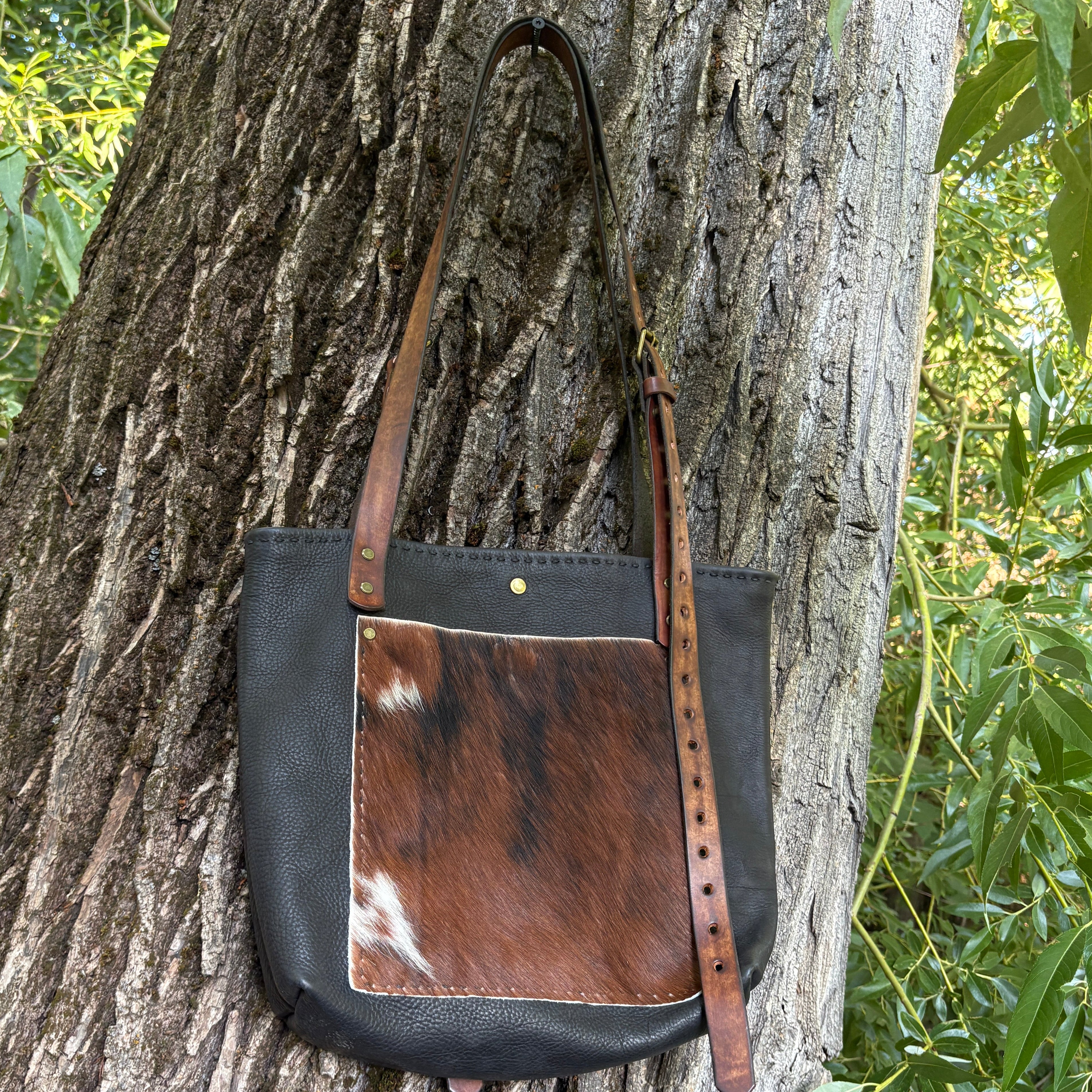 Handmade Black Leather Boho & Western Tote Bag