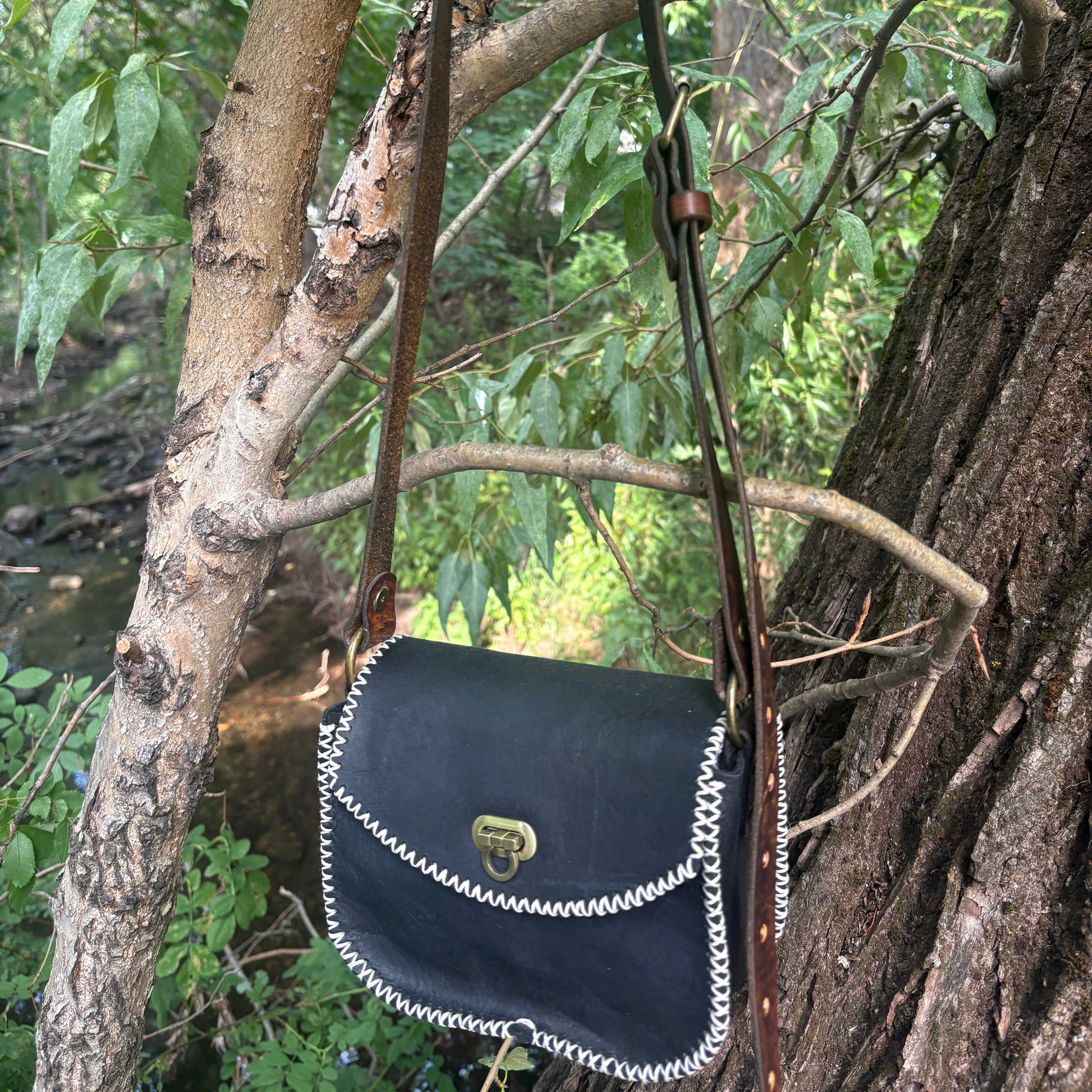 Handmade Black Leather Crossbody Purse