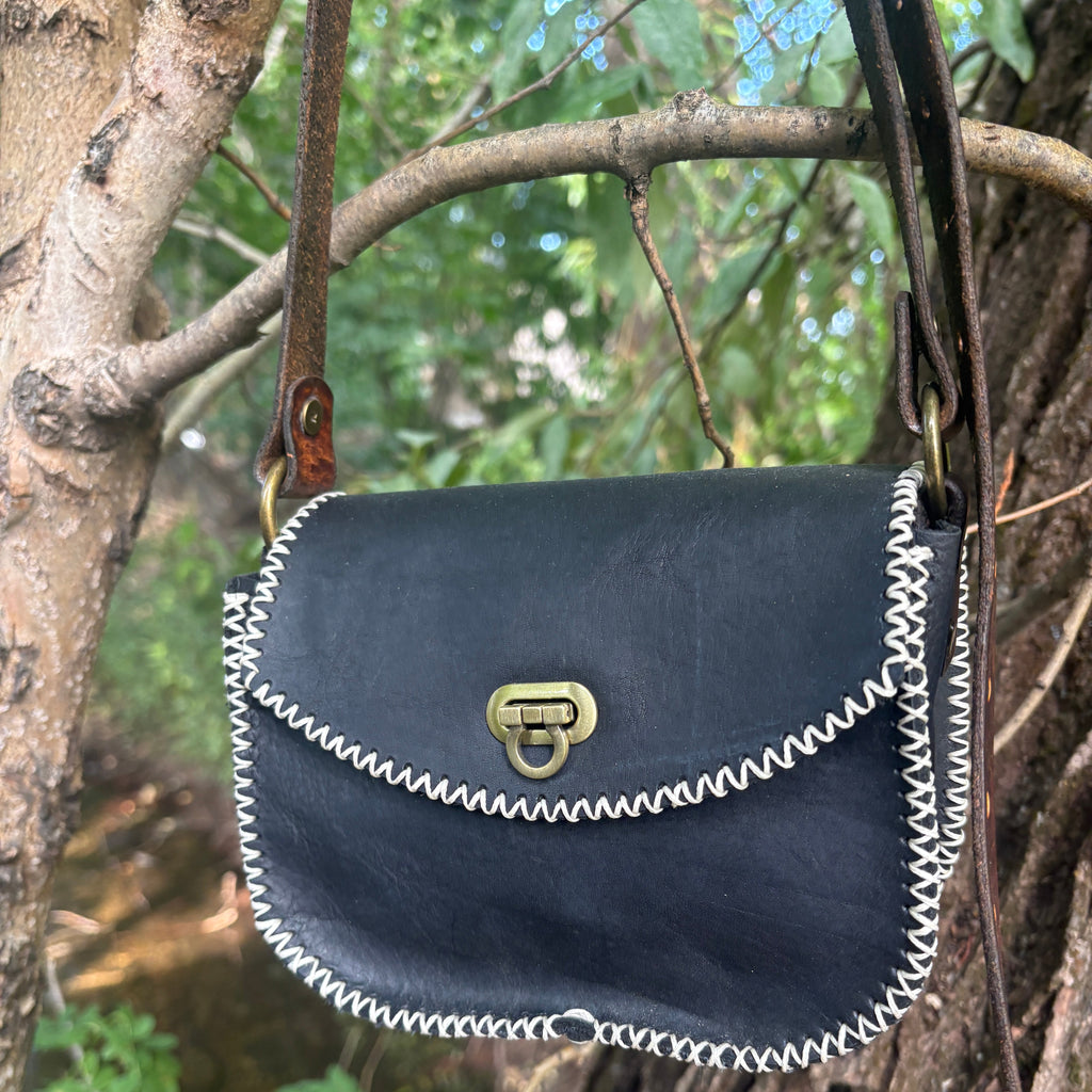 Handmade Black Leather Crossbody Purse