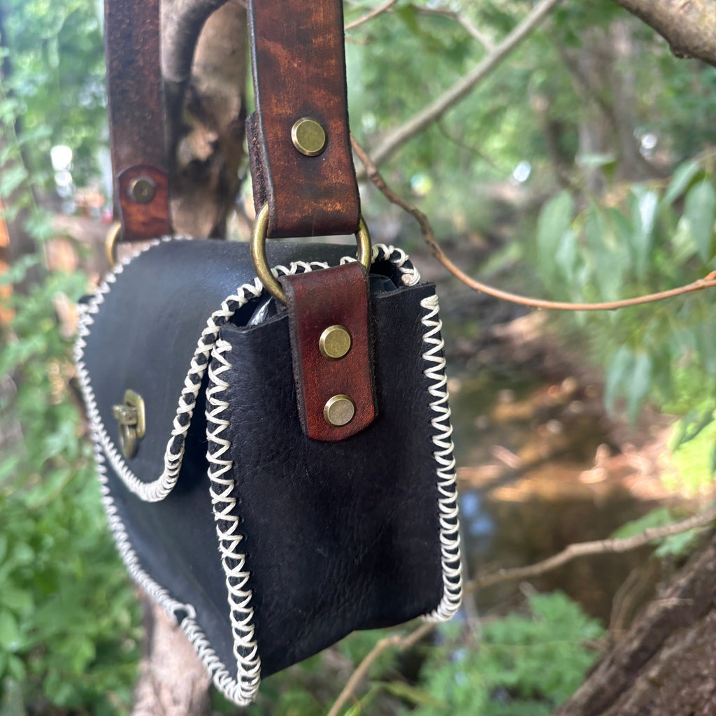 Handmade Black Leather Crossbody Purse