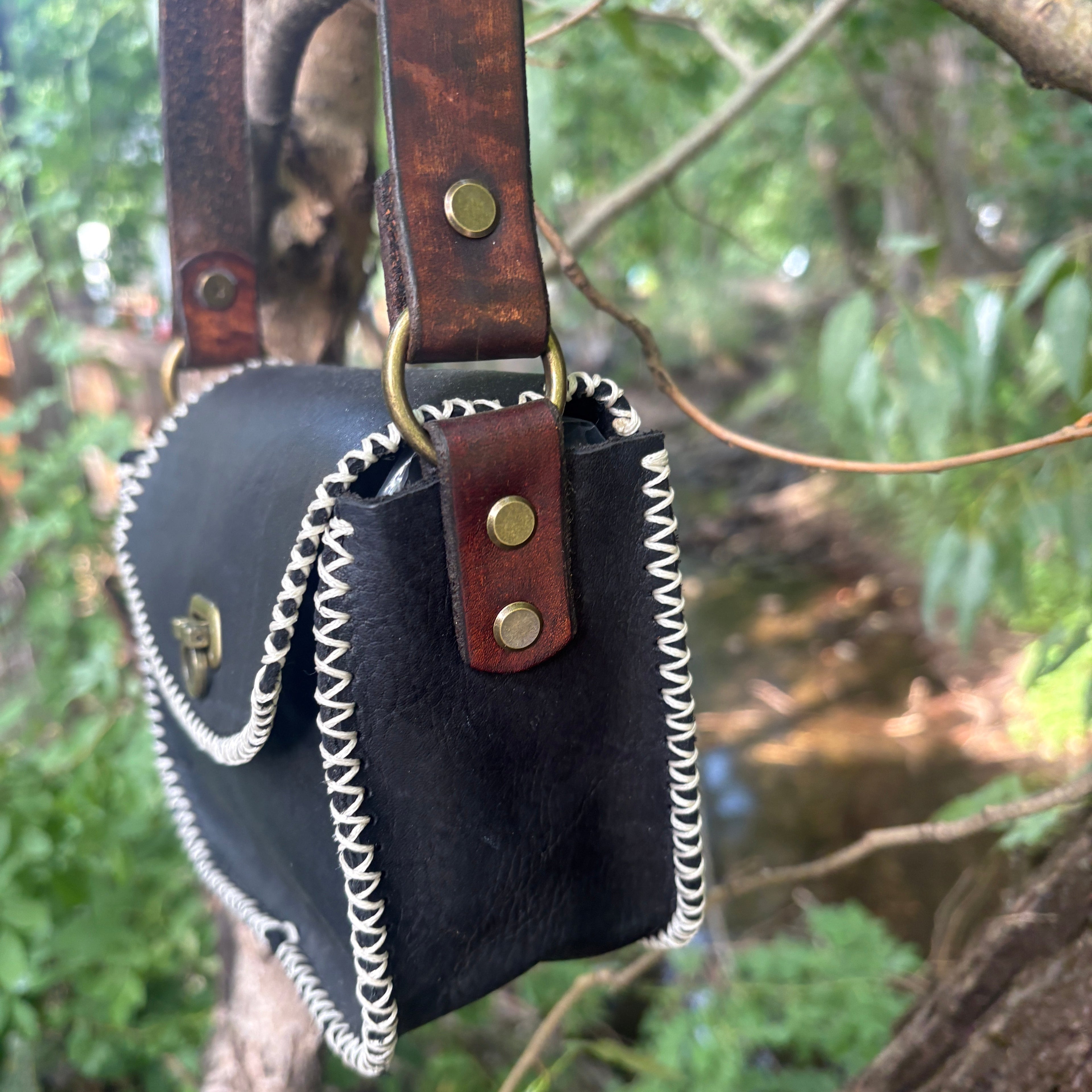 Handmade Black Leather Crossbody Purse