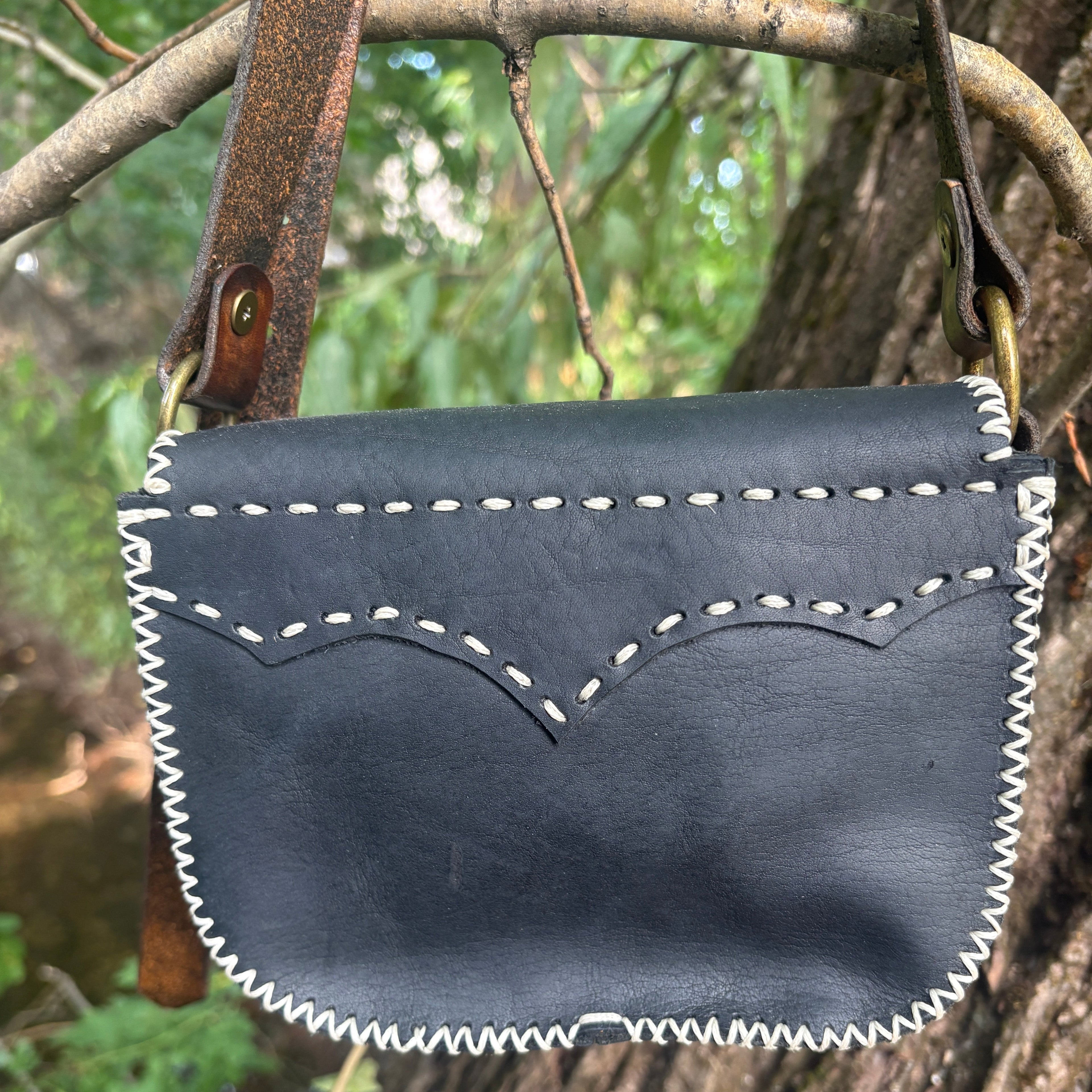 Handmade Black Leather Crossbody Purse