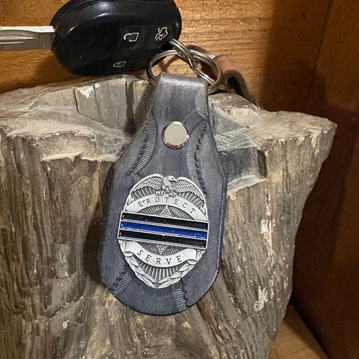 Handmade Leather Police Keychain | Thin Blue Line Badge Concho