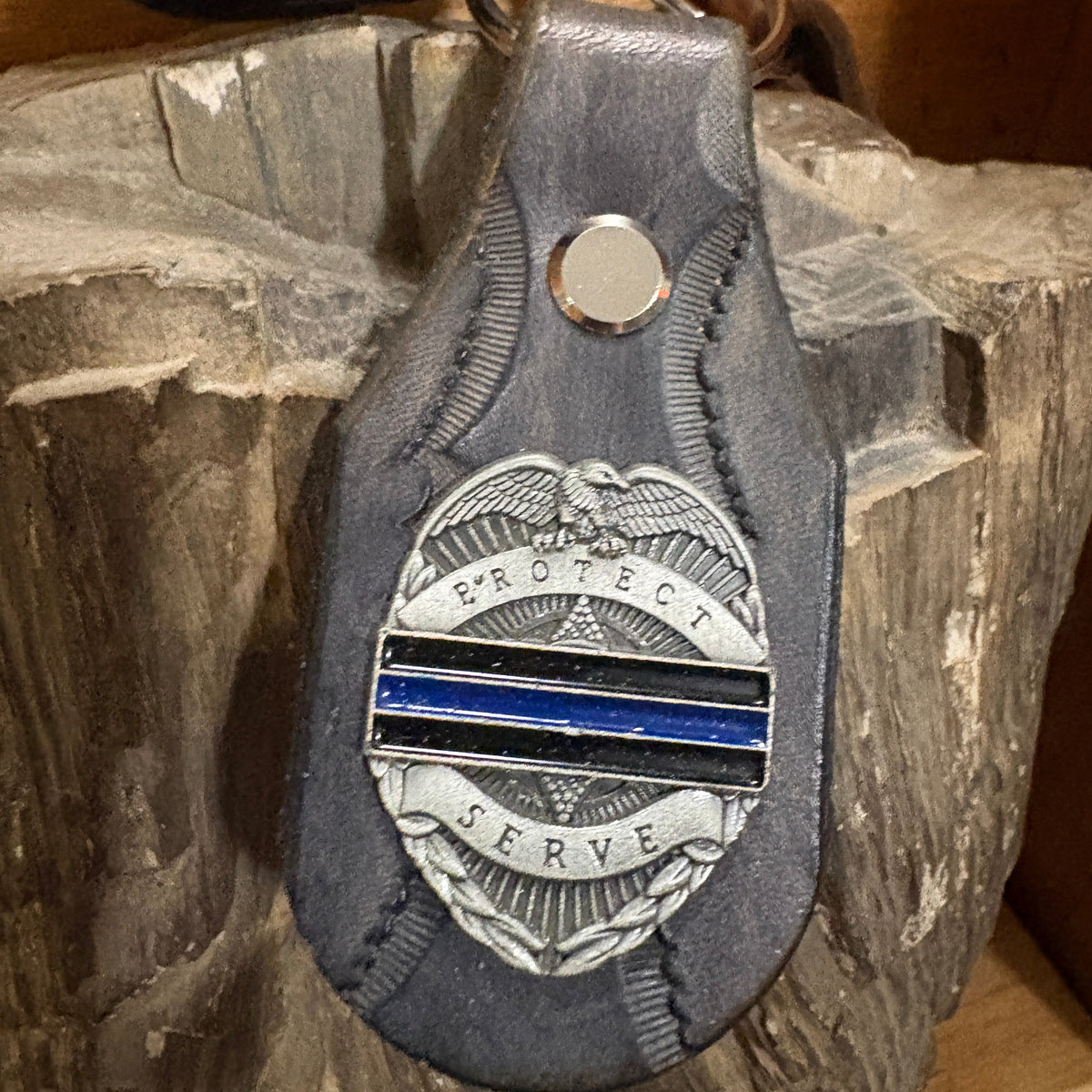Handmade Leather Police Keychain | Thin Blue Line Badge Concho