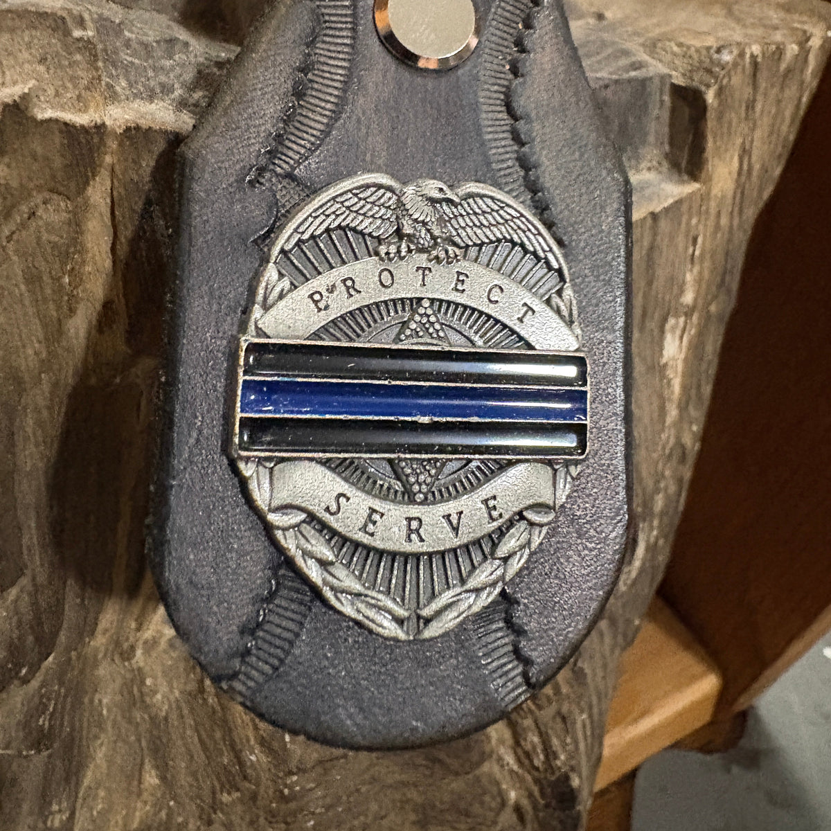 Handmade Leather Police Keychain | Thin Blue Line Badge Concho