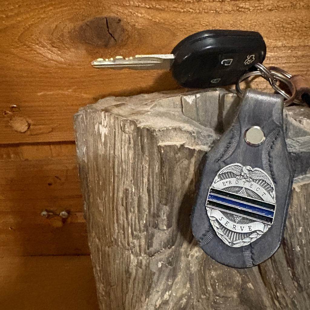 Handmade Leather Police Keychain | Thin Blue Line Badge Concho