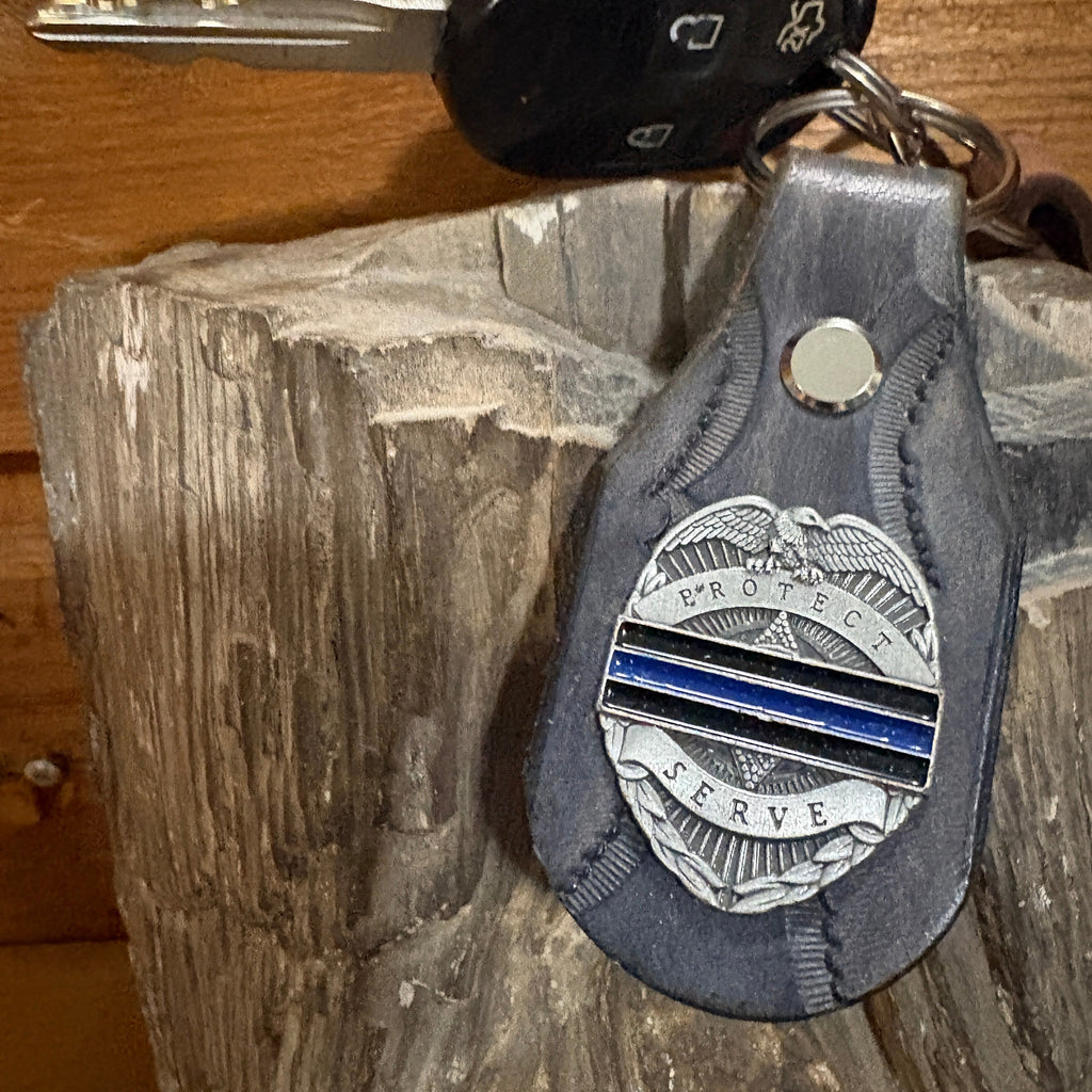 Handmade Leather Police Keychain | Thin Blue Line Badge Concho