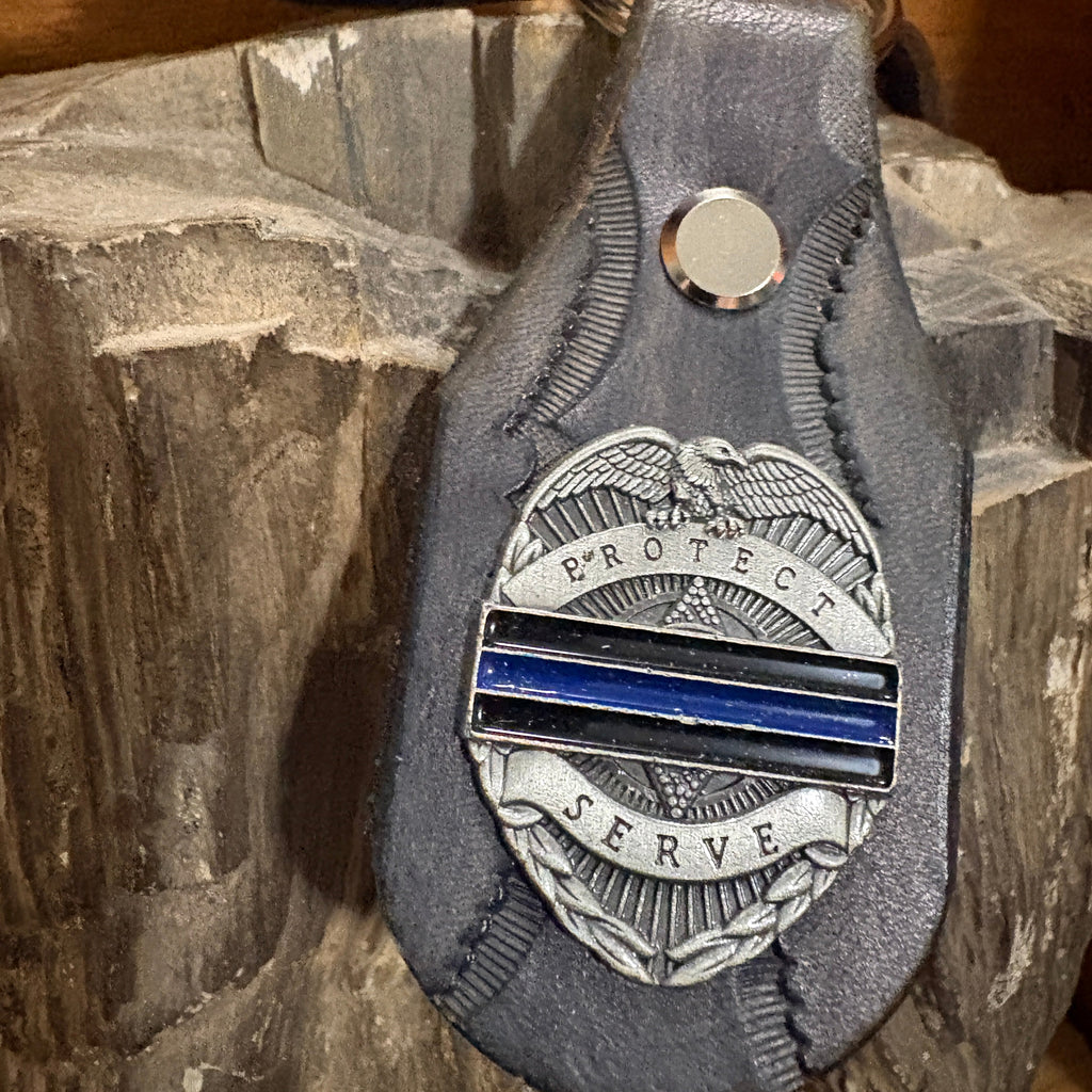 Handmade Leather Police Keychain | Thin Blue Line Badge Concho