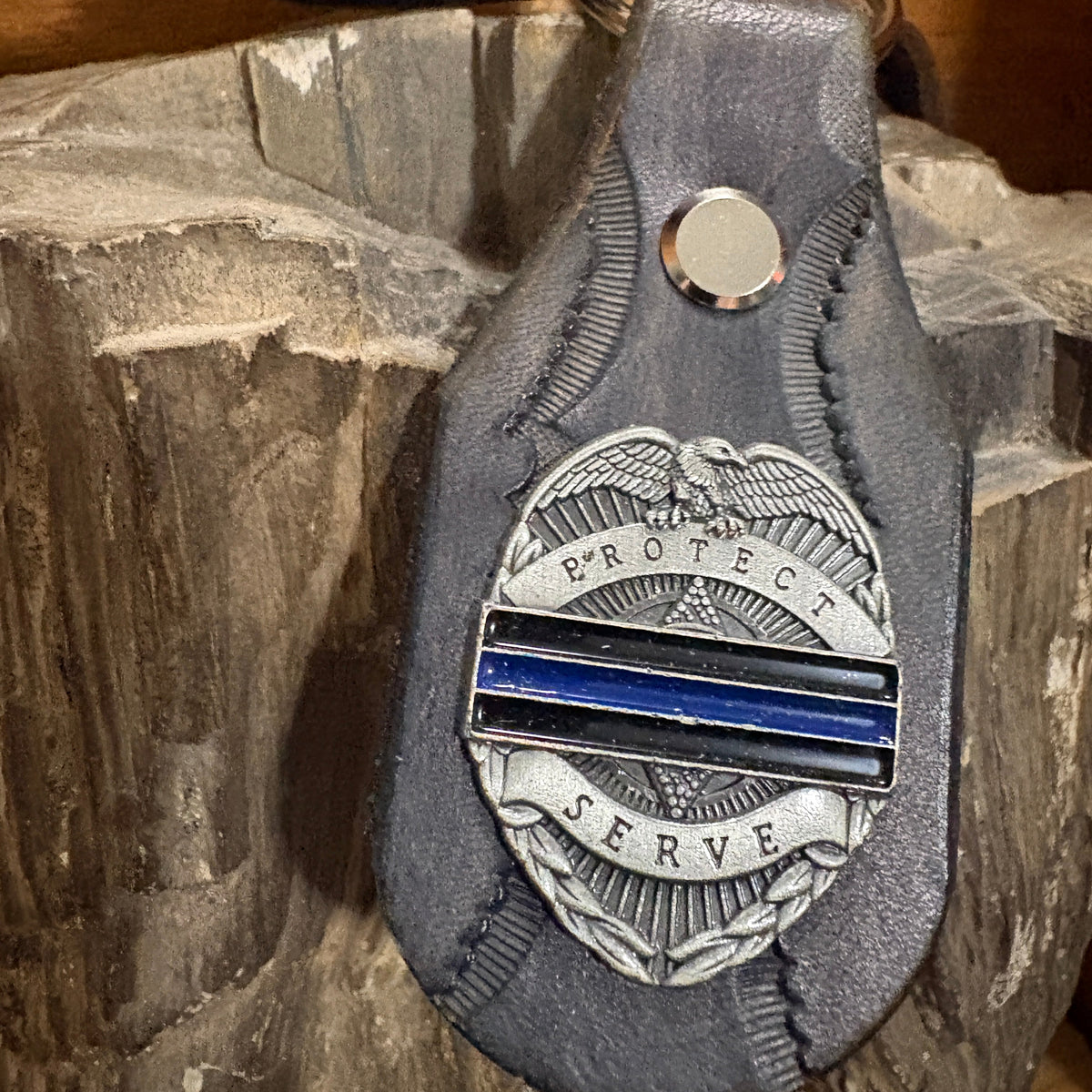 Handmade Leather Police Keychain | Thin Blue Line Badge Concho