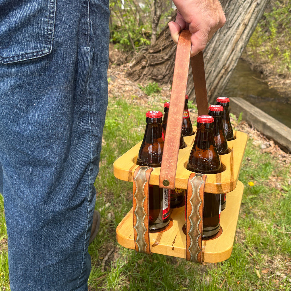 Wood and Leather Beer Carrier, Rustic 6 Pack Beer Caddy, Turquoise and Brown