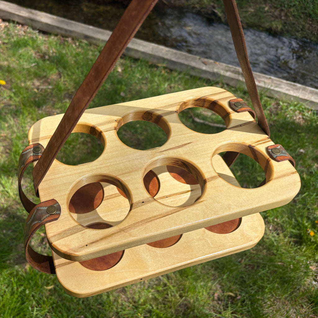 Wood and Leather Beer Carrier, Rustic 6 Pack Beer Caddy, Turquoise and Brown