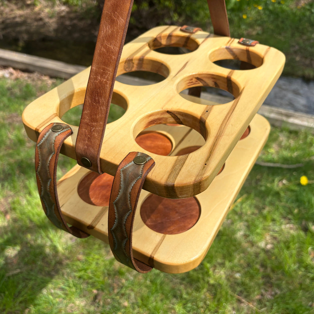 Wood and Leather Beer Carrier, Rustic 6 Pack Beer Caddy, Turquoise and Brown