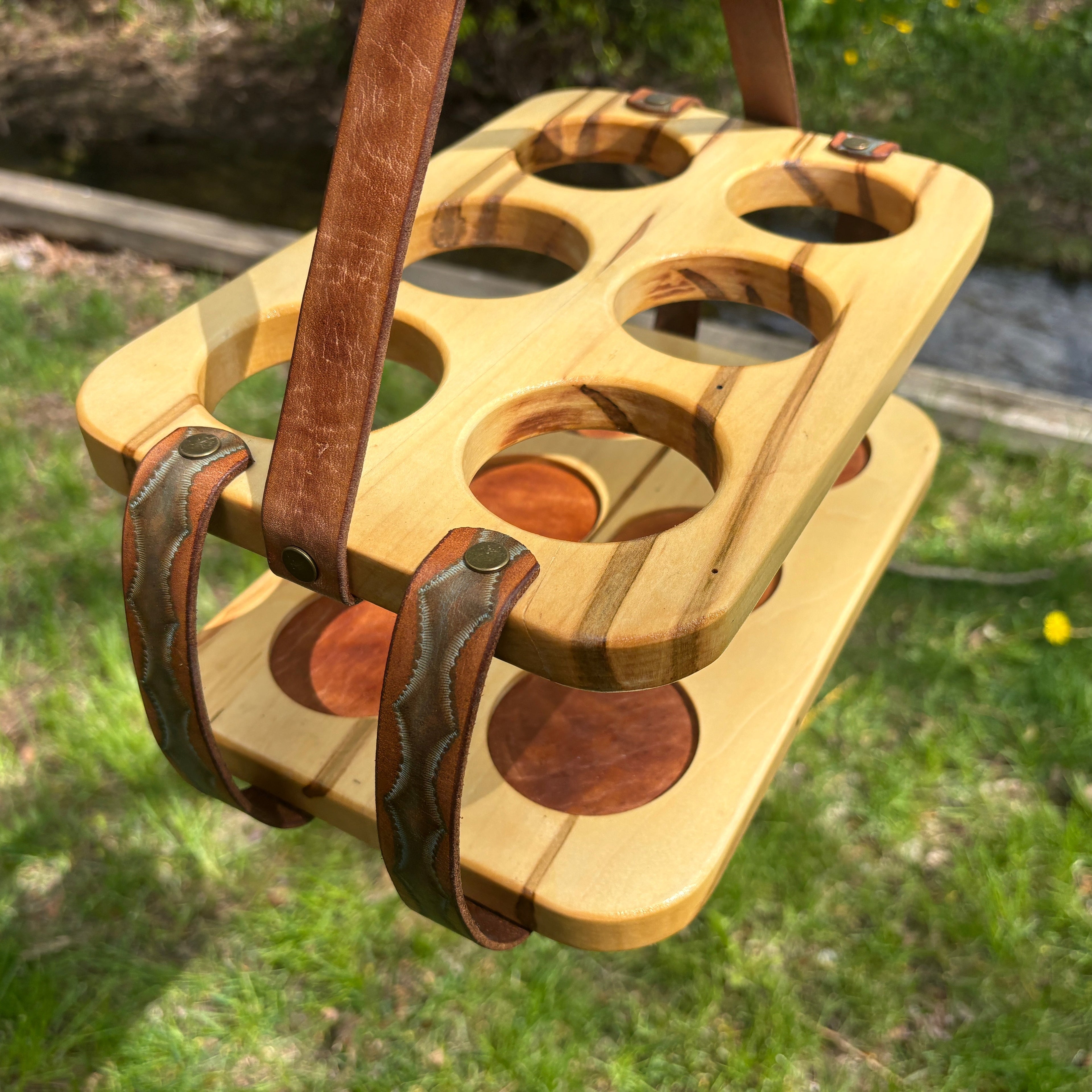 Wood and Leather Beer Carrier, Rustic 6 Pack Beer Caddy, Turquoise and Brown