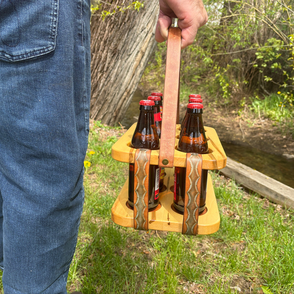 Wood and Leather Beer Carrier, Rustic 6 Pack Beer Caddy, Turquoise and Brown