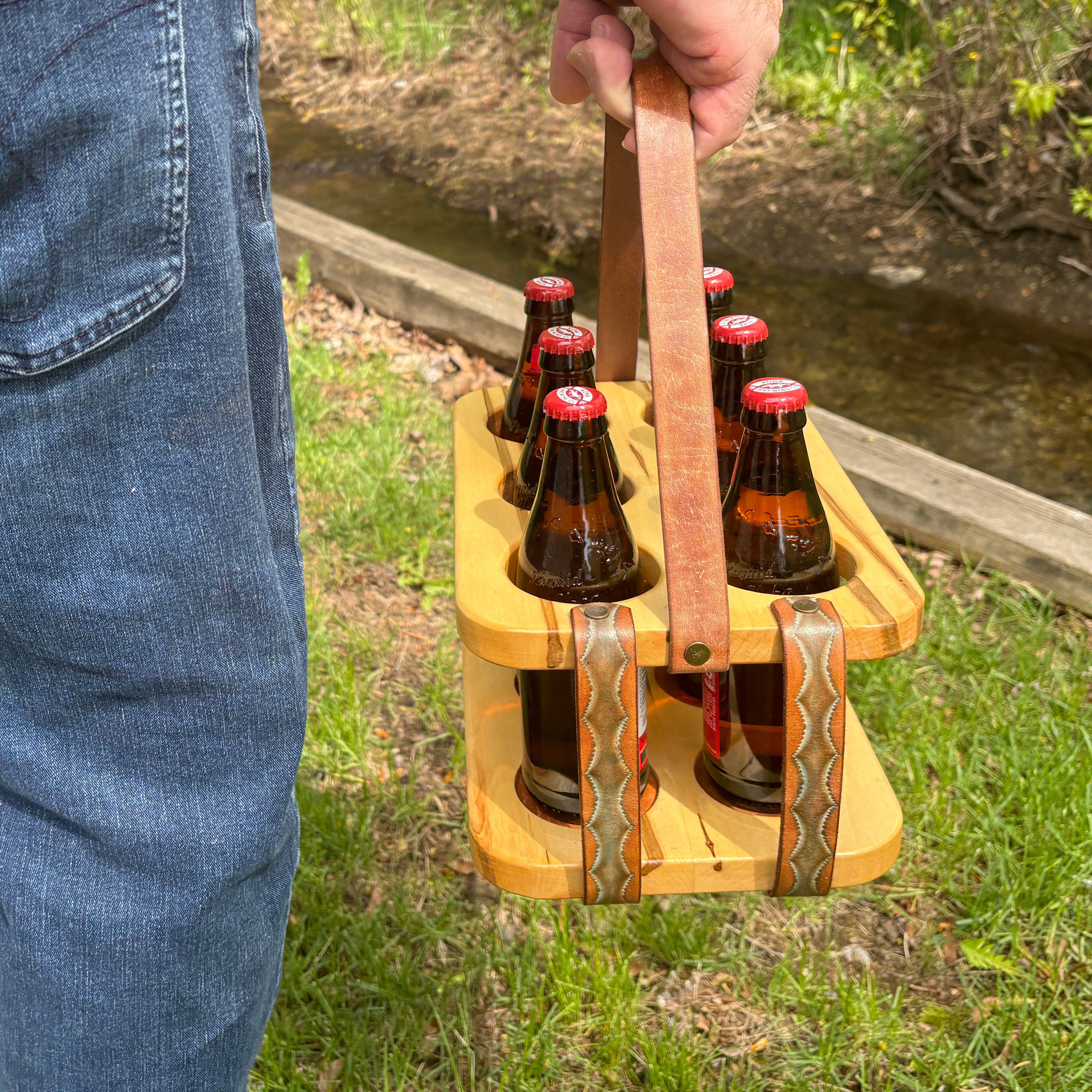 Wood and Leather Beer Carrier, Rustic 6 Pack Beer Caddy, Turquoise and Brown