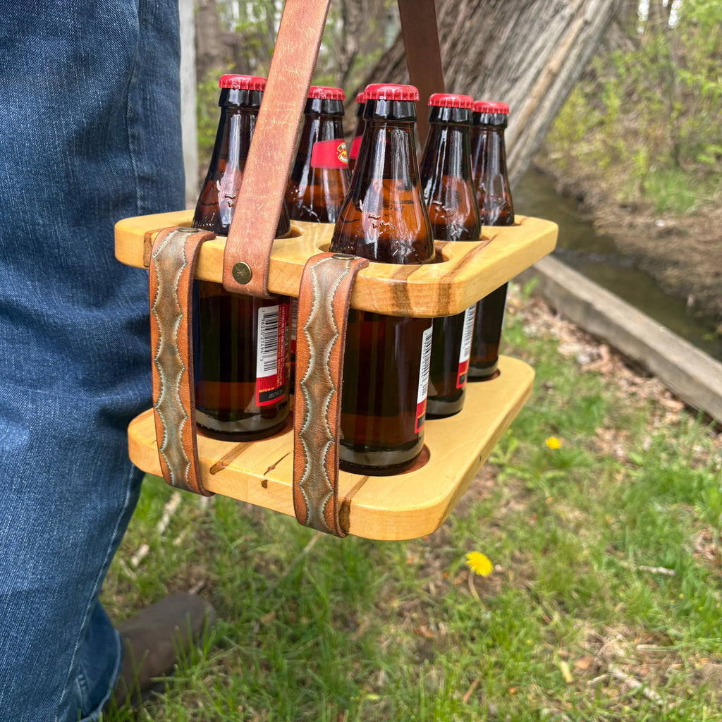 Wood and Leather Beer Carrier, Rustic 6 Pack Beer Caddy, Turquoise and Brown
