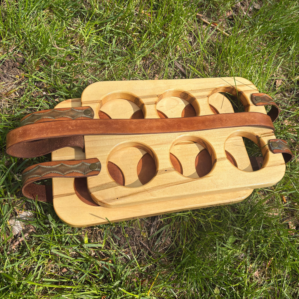 Wood and Leather Beer Carrier, Rustic 6 Pack Beer Caddy, Turquoise and Brown