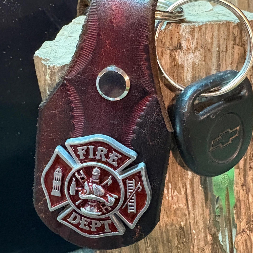 Fire Fighter Keychain: Handmade Leather Fireman Key Fob, First Responder Copper Concho, Western Style