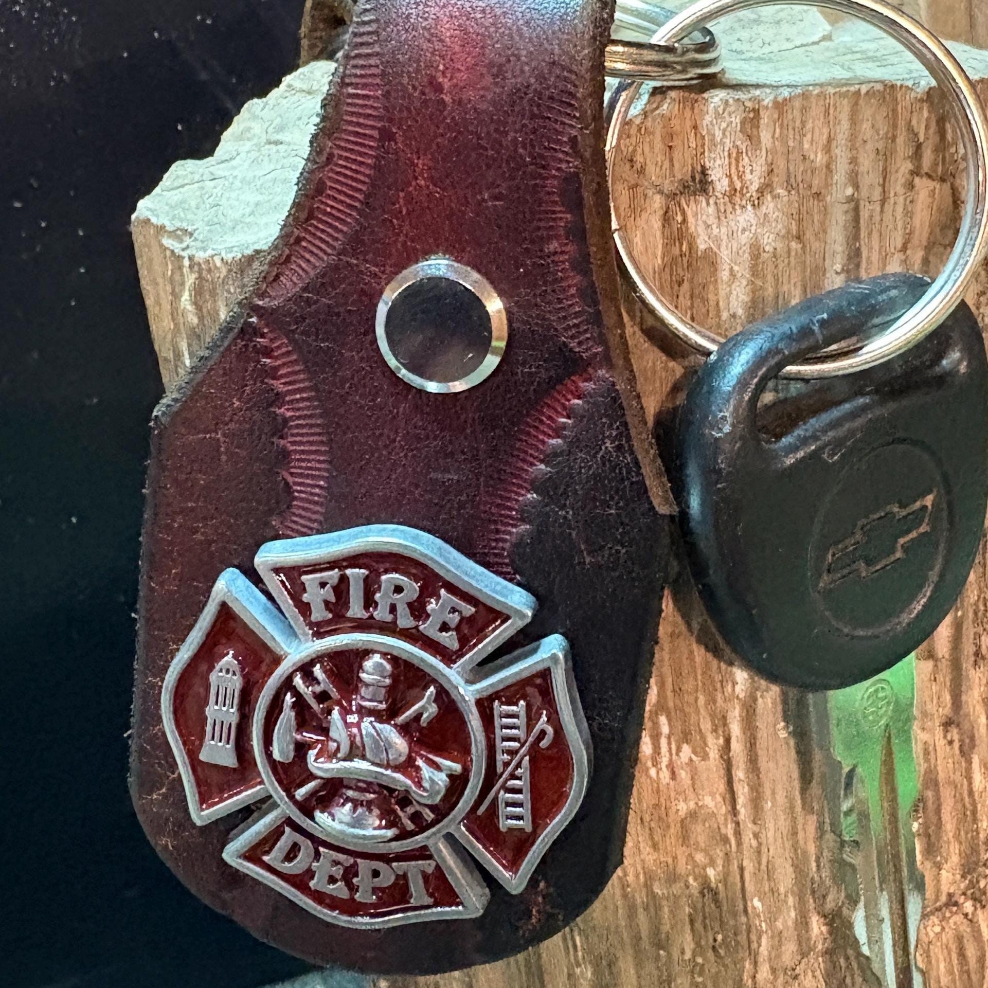 Fire Fighter Keychain: Handmade Leather Fireman Key Fob, First Responder Copper Concho, Western Style