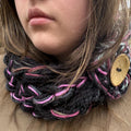 Black Button Infinity Scarf, Hot Pink Grey Blend Chunky Knit, Boho Rope Scarf