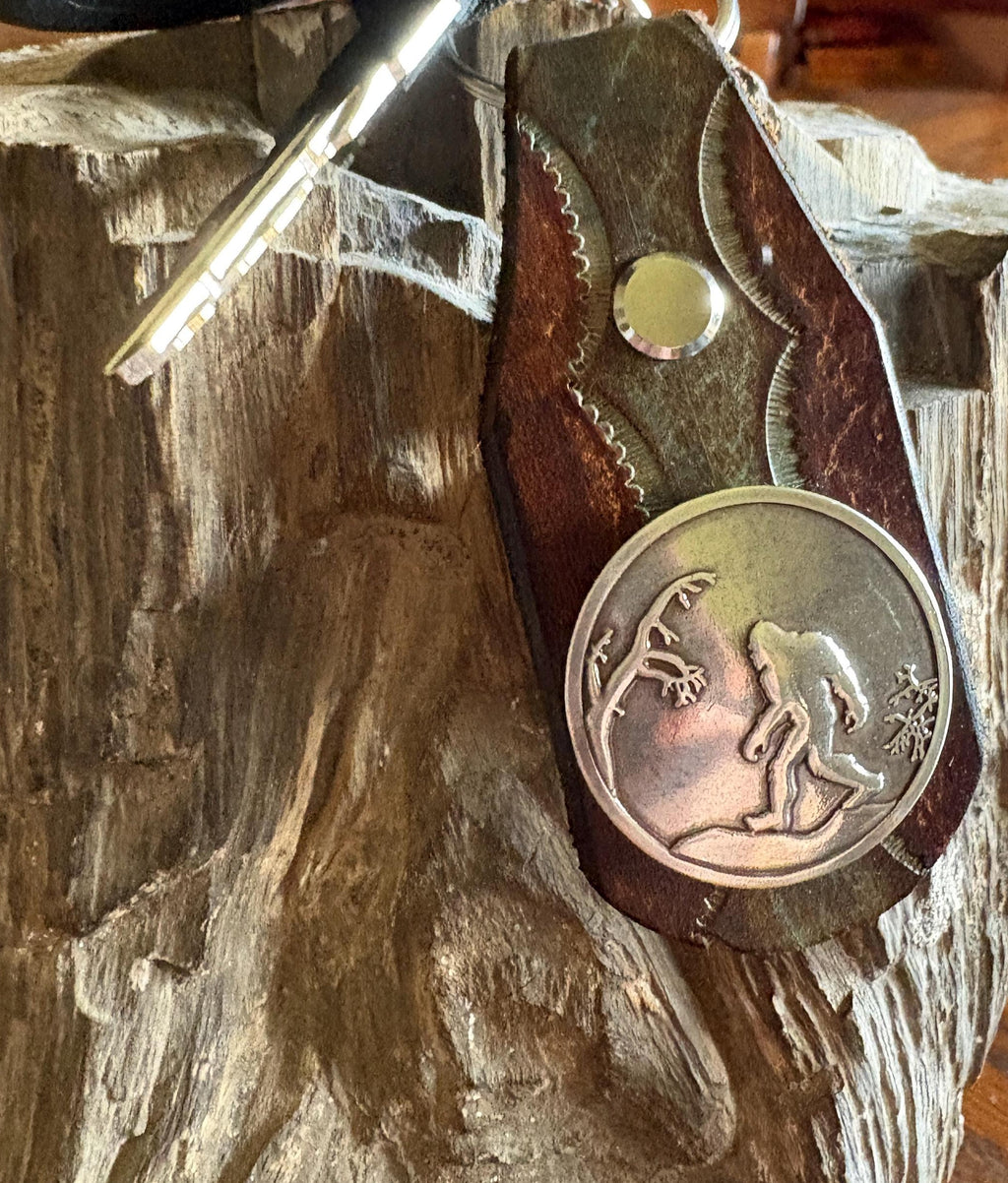 Sasquatch Handmade Leather Keychain: Tooled Bigfoot Accessory Turquoise Brown